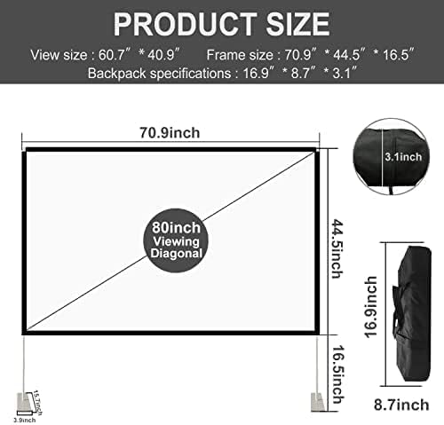Projector Screen with Stand 80 inch Portable Projection Screen 16:9 4K HD Projections Movies Screen with Carry Bag for Indoor Outdoor Home Theater Backyard Cinema Travel