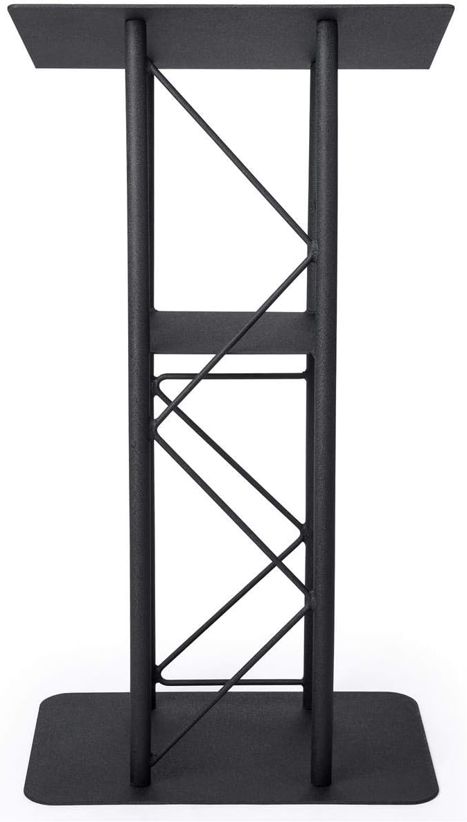 Displays2go Black Aluminum and Steel Truss Lectern with Curved Design and Built-in Shelf, 47-Inch Tall, Textured Finish (LCTTACBK)