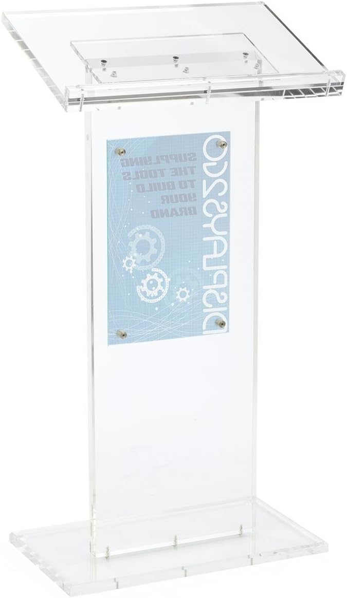 Displays2go Clear Acrylic Lectern with Signage, Floor Standing – Clear, Silver (LCTSLAB1117)