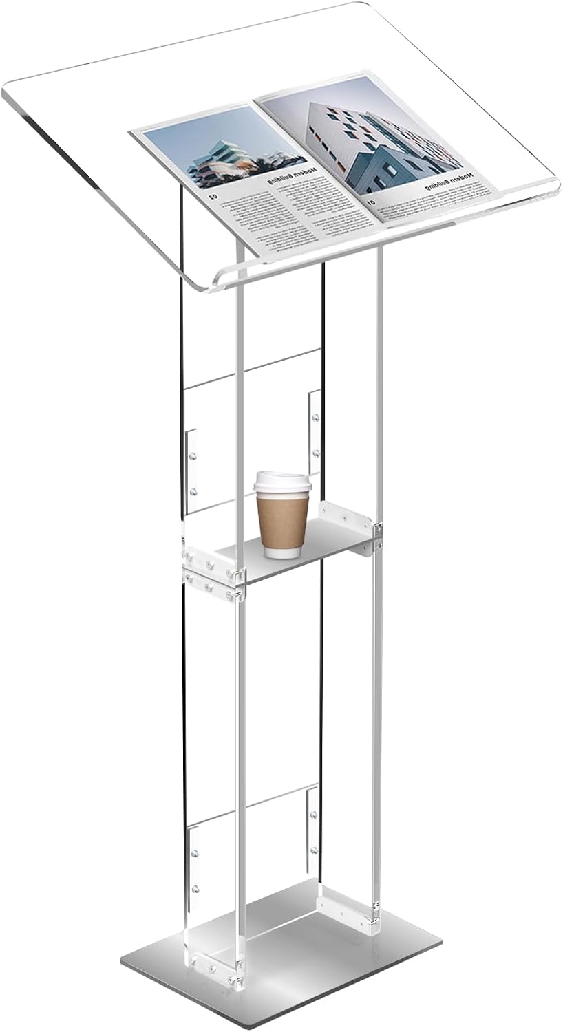 Podium Stand, Lecterns & Podiums, Acrylic Adjustable Angles with Metal Base, Podium for Church, Weddings, Classroom, Speech, 24" L x 16" W x 43.5" H (Clear)