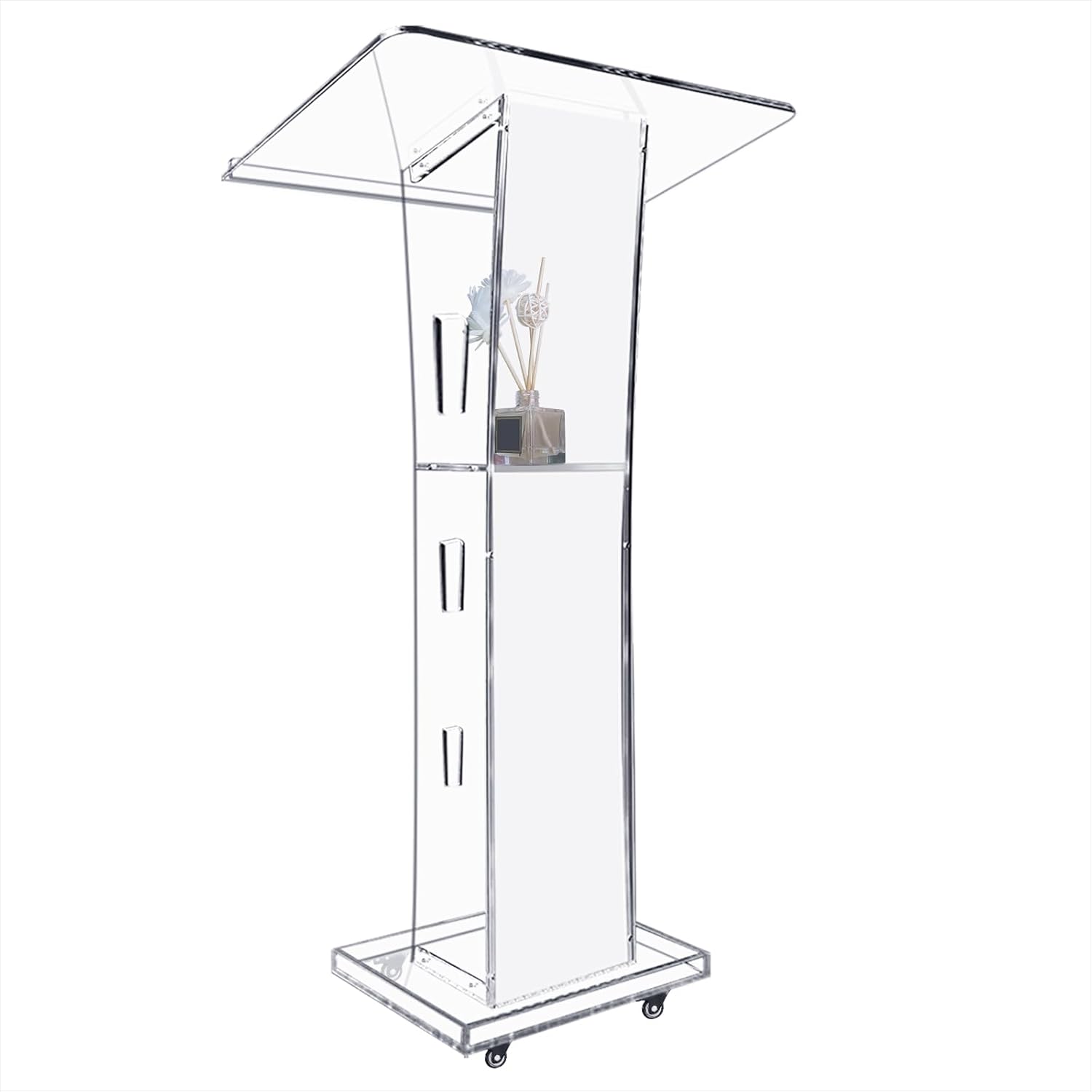 Acrylic Podium Stand, Ultra Clear 43'' Pulpits for Churches with 15 Color Adjustable, Modern Lectern with Storage Sheld for Church,Conference,Speech,Classroom, 23.62”x 15.75”X 43.3” (with Wheels)