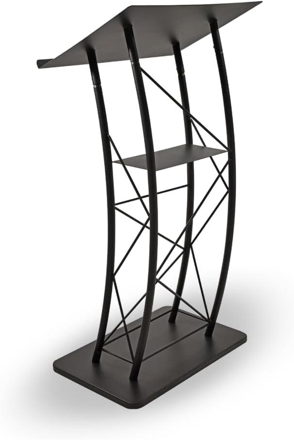 Kingdom KMLSTL Large Curved Metal Lectern with Durable Powder Coat Finish and a Built in Shelf - Black