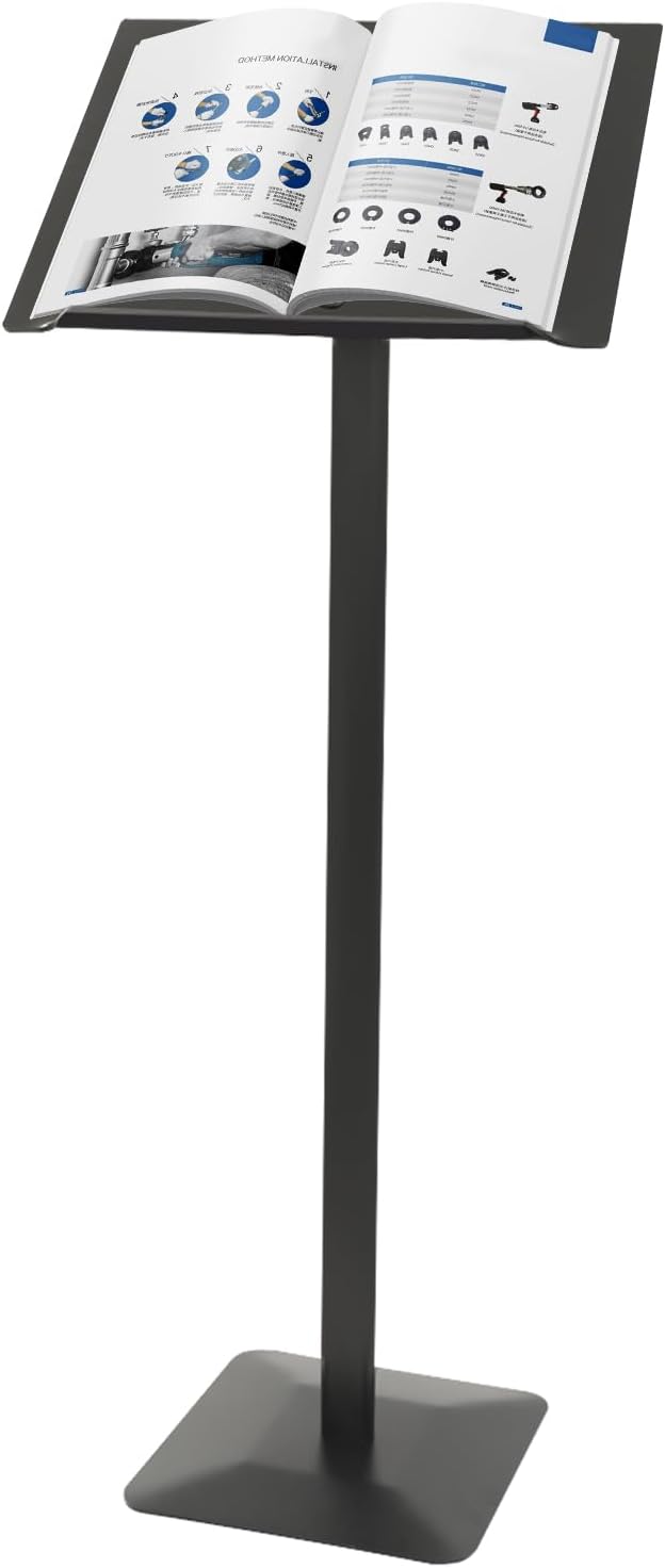 Podium Stand Acrylic Church Lectern Presentation Stand Floor Standing Conference Speech Speak Pulpit for School Office, 46.5in Height, Iron Base and 30-90° Panel (Black)