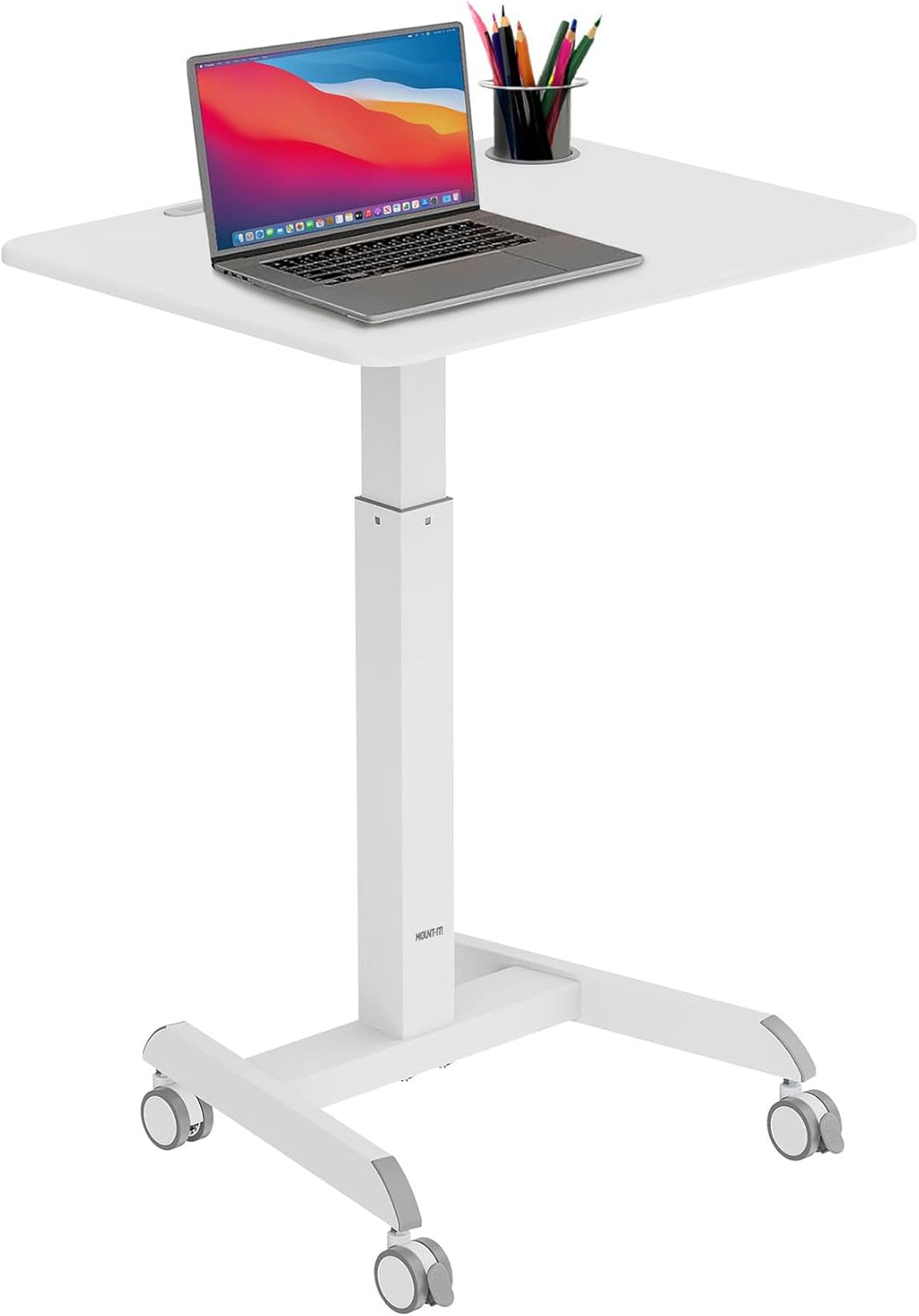 Mount-It! Laptop Cart Rolling Desk Adjustable Height with 28.5" x 22" Tabletop, Ergonomic Sit-Stand Workstation on Wheels Portable for Home Office, Dorm, Classroom, White