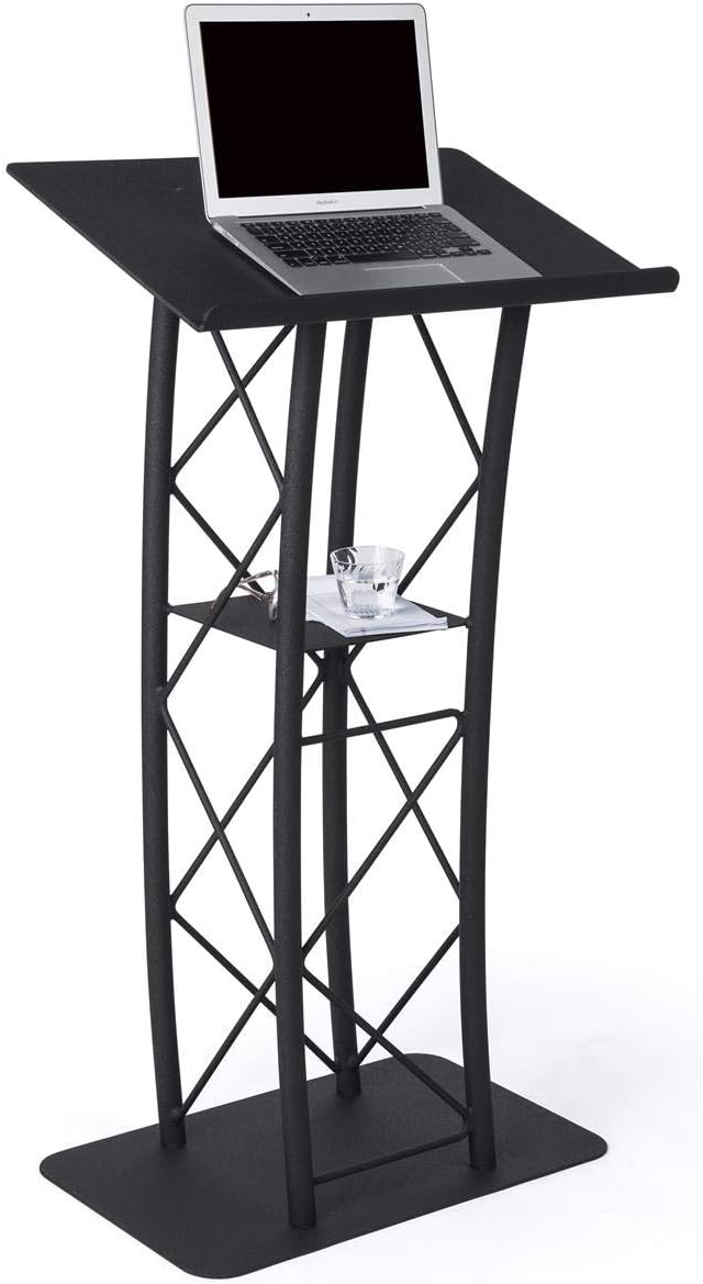 Displays2go Black Aluminum and Steel Truss Lectern with Curved Design and Built-in Shelf, 47-Inch Tall, Textured Finish (LCTTACBK)