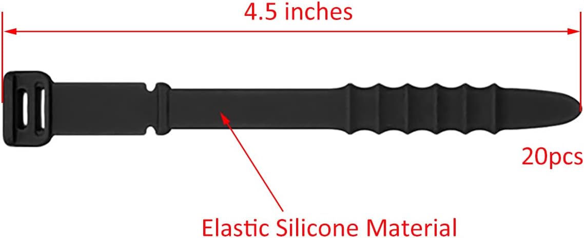 Silicone Zip Ties, Reusable Zip Ties, 20pcs Rubber Cable Ties Straps for Wire Management, Elastic Cable Organizer for Home Office Table Desk. Black 4.5” Cord Ties (20 Pcs Black)