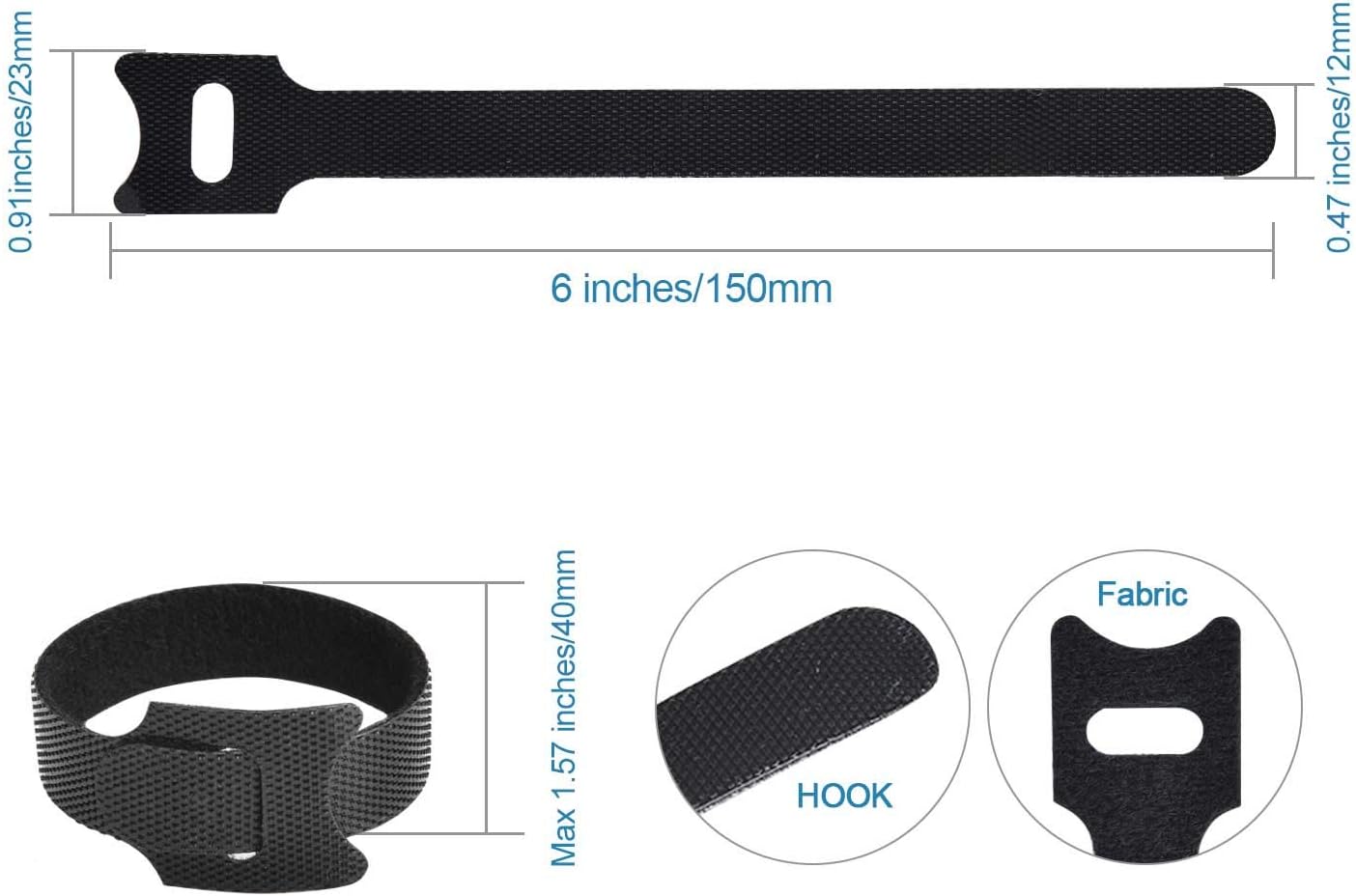 60PCS Fastening Cable Ties Reusable, Premium 6-Inch Adjustable Cord Ties, Microfiber Cloth Cable Management Straps Hook Loop Cord Organizer Wire Ties Reusable (Black Colors)