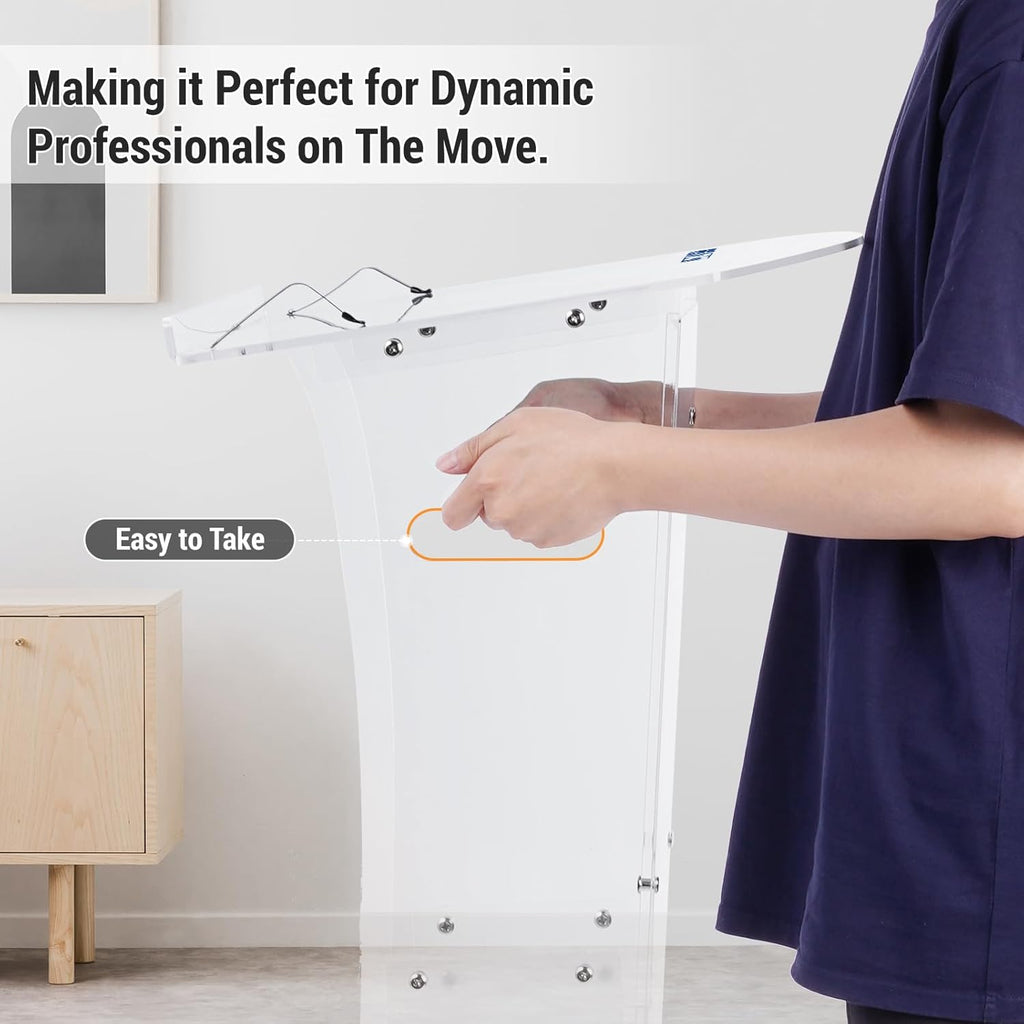 Acrylic Podium Stand，49“ Tall Portable Podium with Lockable Wheels, Clear lecterns & Podium with Storage Shelf for Classroom, Pulpit Podium for Church,Wedding,Presentation