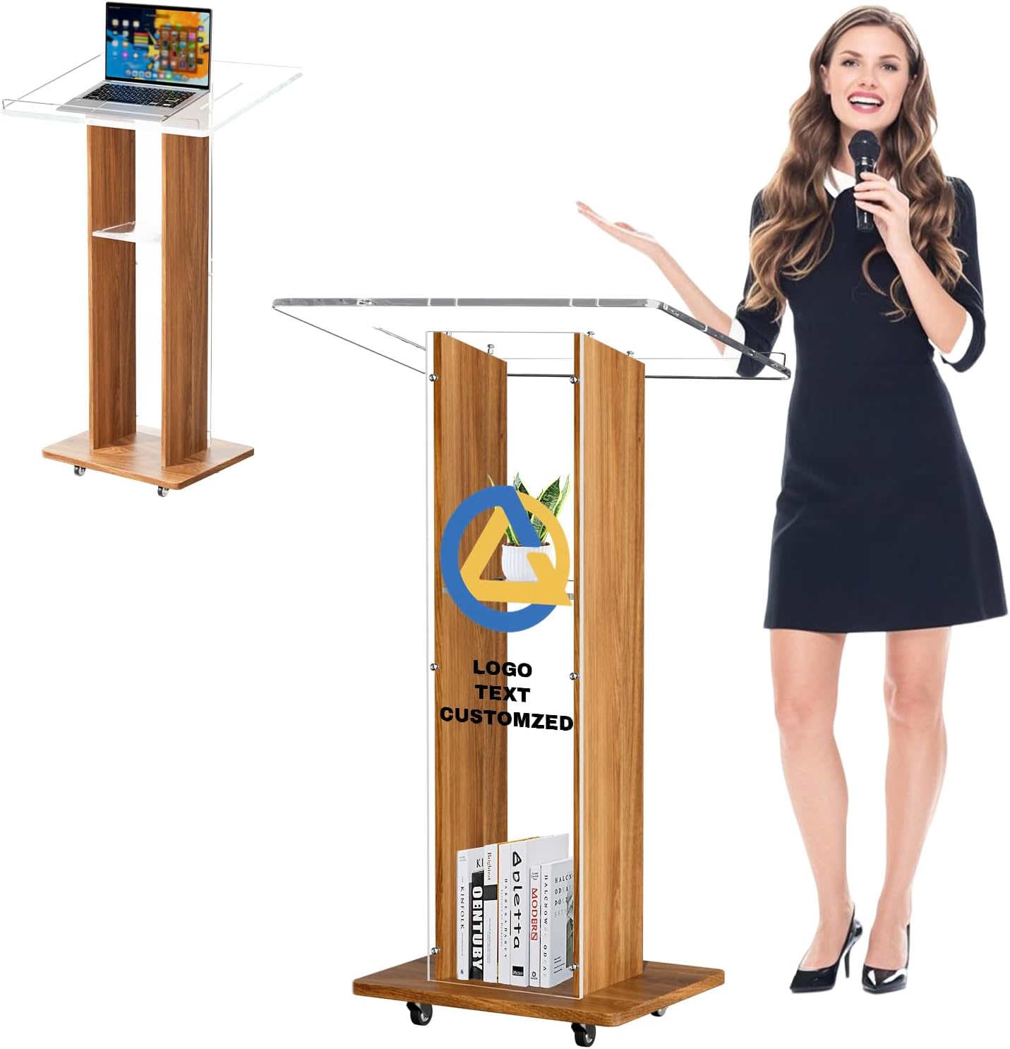 Acrylic Podium Stand, Ultra Clear 43'' Pulpits for Churches with 15 Color Adjustable, Modern Lectern with Storage Sheld for Church,Conference,Speech, 23.62”x 15.75”X 43.3” (Style 4)