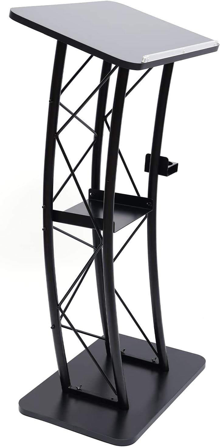 LOYALHEARTDY Black Curved Podium, Truss Metal Pulpit Lectern with A Cup Holder Durable Powder Coat Finish Conference Pulpit Podium for Church School Lectern 47-inch