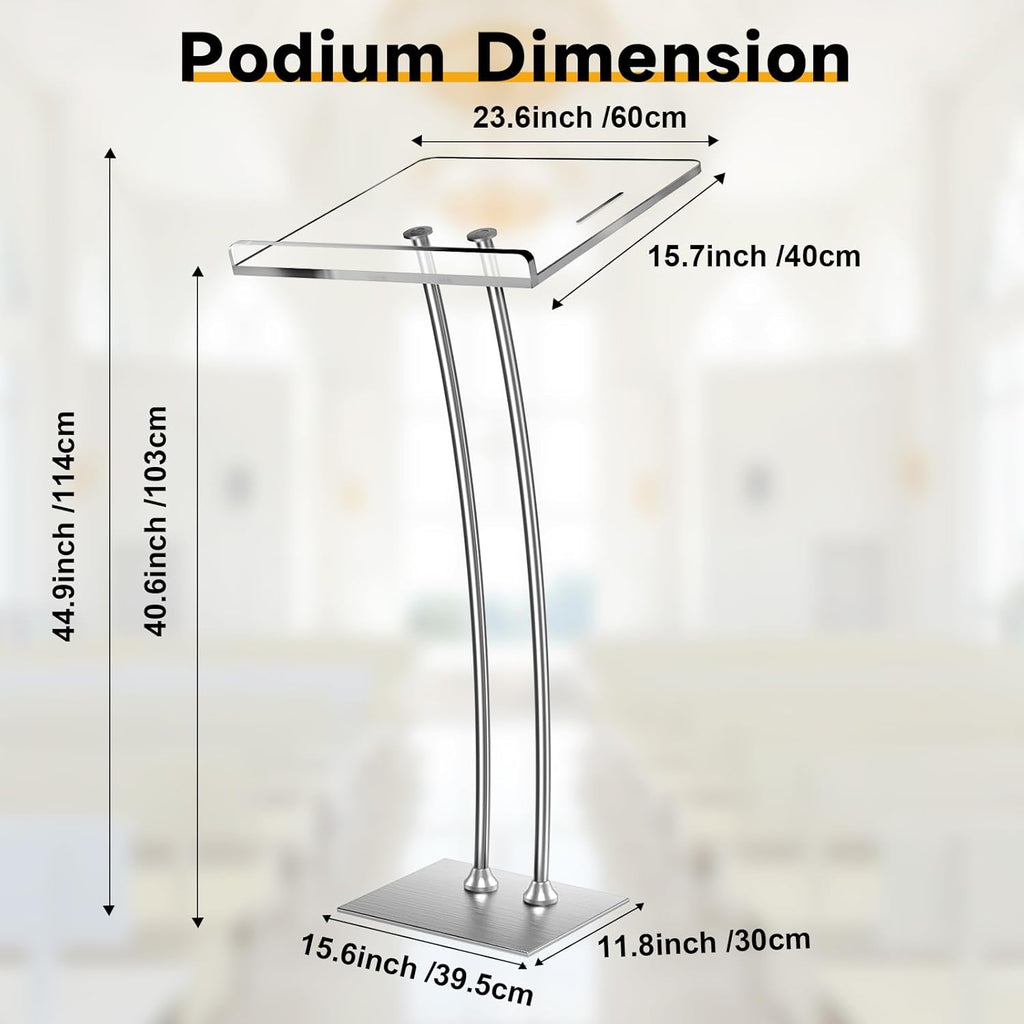 45'' Acrylic Podium Stand - Ultra Clear Iron Podium Pulpits for Churches, Modern Lectern for Conference, Speech, Classroom - 44.9''H x 23.6''L x 15.7''W