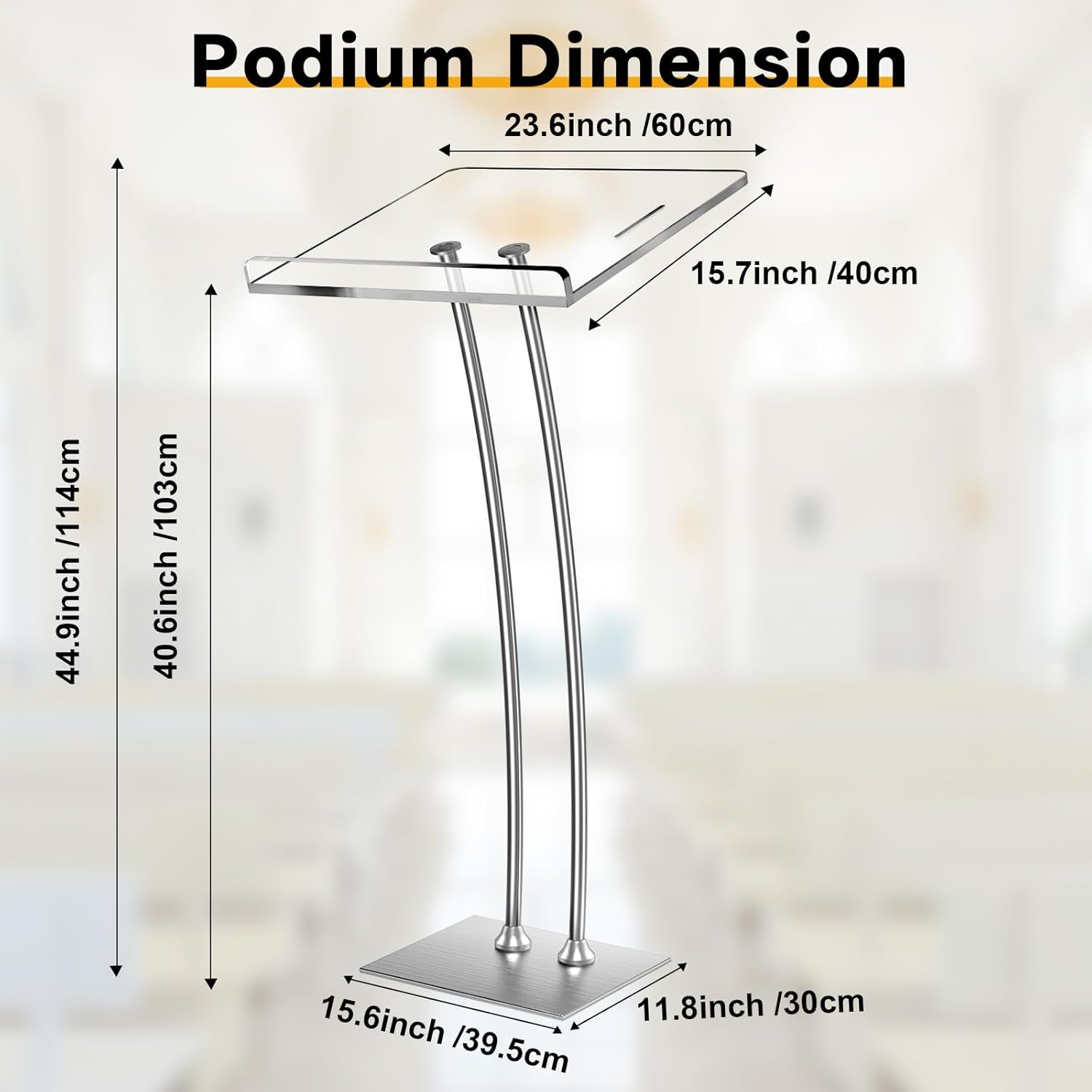 45'' Acrylic Podium Stand - Ultra Clear Iron Podium Pulpits for Churches, Modern Lectern for Conference, Speech, Classroom - 44.9''H x 23.6''L x 15.7''W