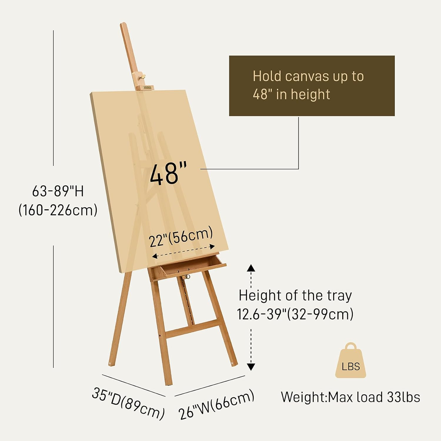 Studio Art Easel,Solid Beech Wood Artist Easel,Hold Canvas up to 48”, Adjustable A-Frame Lyre Style Painting Easel Stand with Storage Tray, Natural