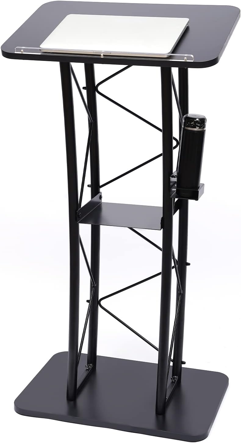LOYALHEARTDY Black Curved Podium, Truss Metal Pulpit Lectern with A Cup Holder Durable Powder Coat Finish Conference Pulpit Podium for Church School Lectern 47-inch