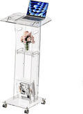 Acrylic Podium Stand，49“ Tall Portable Podium with Lockable Wheels, Clear lecterns & Podium with Storage Shelf for Classroom, Pulpit Podium for Church,Wedding,Presentation