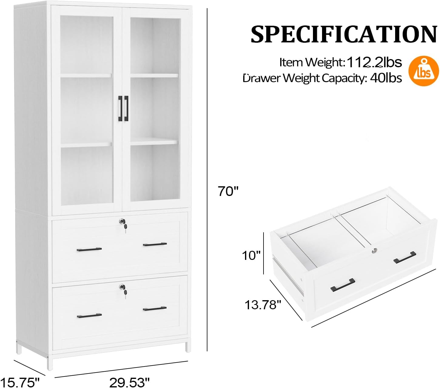 VINGLI Lateral File Cabinet with Glass Doors and 2 Locking Drawers for Hanging File Folders, Bookshelf with Adjustable Shelves for Home Office (White, 30''W x 16''D x 70''H)