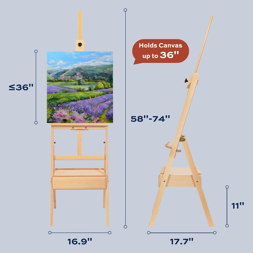 Large Adjustable Beech Wood Painting Easel with Storage Drawer (60"~74" H), Holds up to 36", Art Easel for Adults Artist Beginners Students