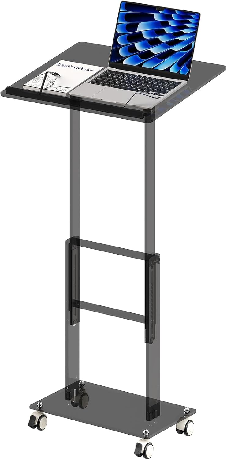 Acrylic Podium Stand,49"H Rolling Podium with Lockable Wheels,Height & Angle Adjustable Lecterns & Podiums, Portable Podium for Classroom,Pulpits for Churches,Speech, Black