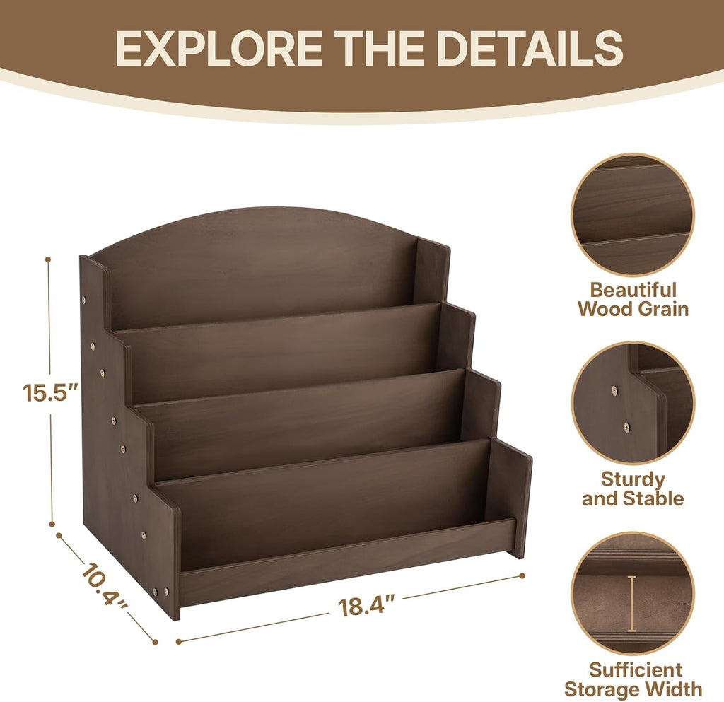 4 Tier Wooden Greeting Card Display Stand, Sticker Organizer Rack, Retail Photos Shelf for Vendors Craft Collection, Retail Stores, Postcards, Jewelry, Snacks, Brown