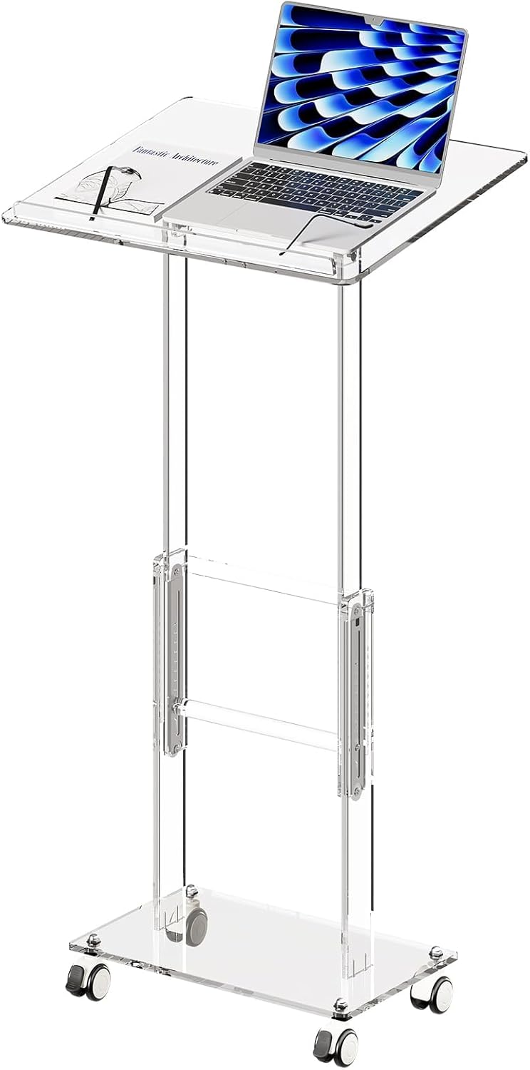 Acrylic Podium Stand,49"H Rolling Podium with Lockable Wheels,Height & Angle Adjustable Lecterns & Podiums, Portable Podium for Classroom,Teachers,Pulpits for Churches,Speech, Clear
