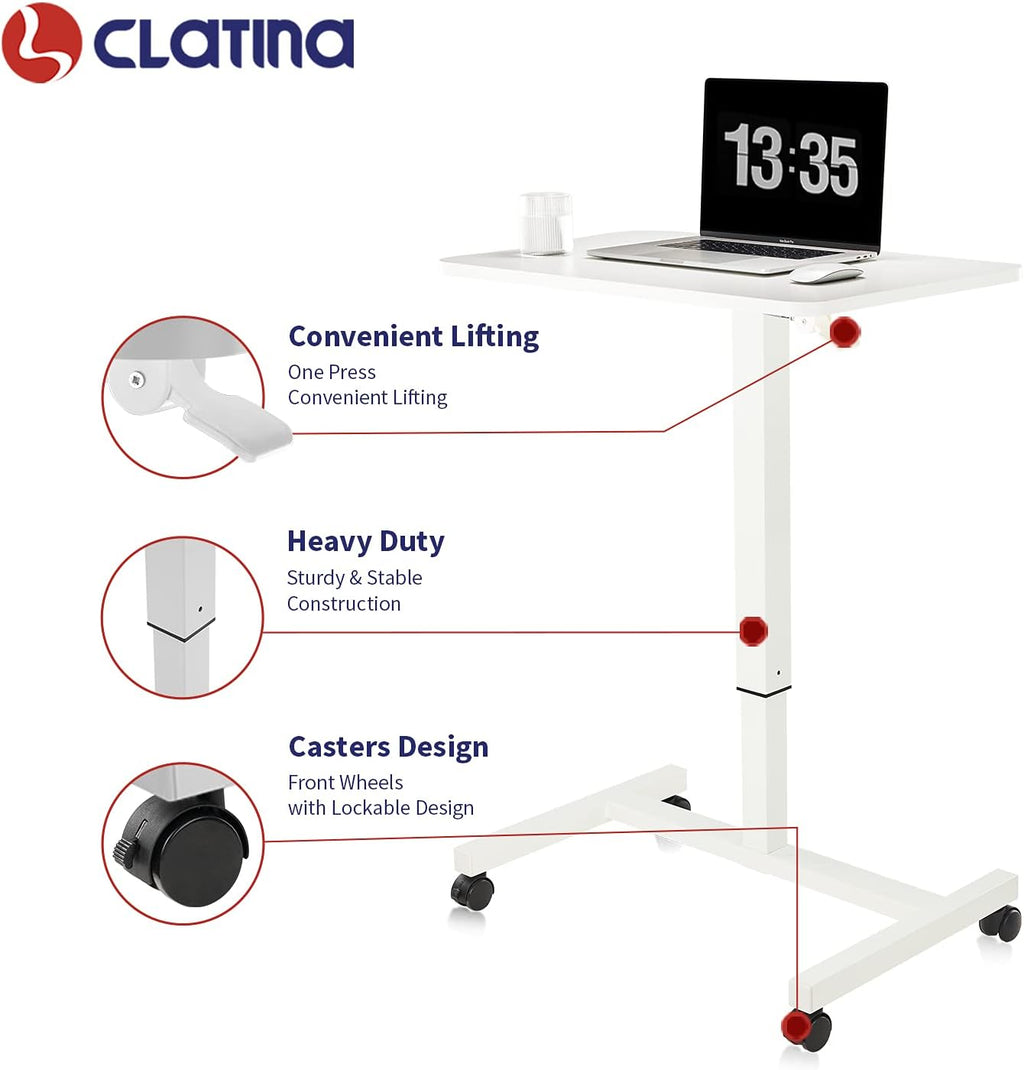 CLATINA Mobile Laptop Desk Pneumatic Sit to Stand Table Height Adjustable Rolling Cart with Lockable Wheels for Home Office Computer Workstation 28" x 19" White Round Edge Design Elegant