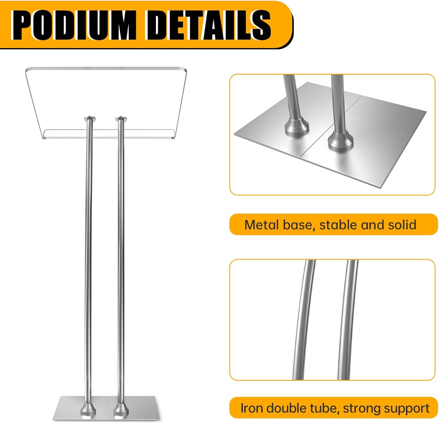 Acrylic Podium Lectern with Iron Stable Bottom, Pulpits for Churches with 10MM Thickened Acrylic Countertop, Multi Function Pulpit for Modern Classroom Music Concert Wedding Conference Event