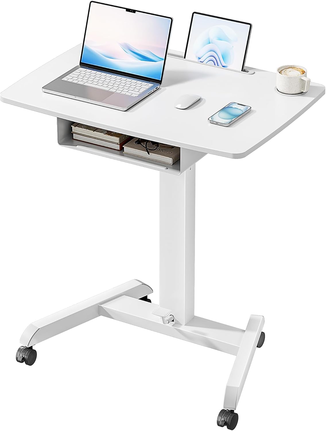 Standing Rolling Desk- 31.5' X 22' Extend Sanding Desk for Classroom, Height Adjsutable up to 44.3' Mobile Laptop Table with Wheels, Moveable Laptop Cart, Teacher Podium with Drawer, White