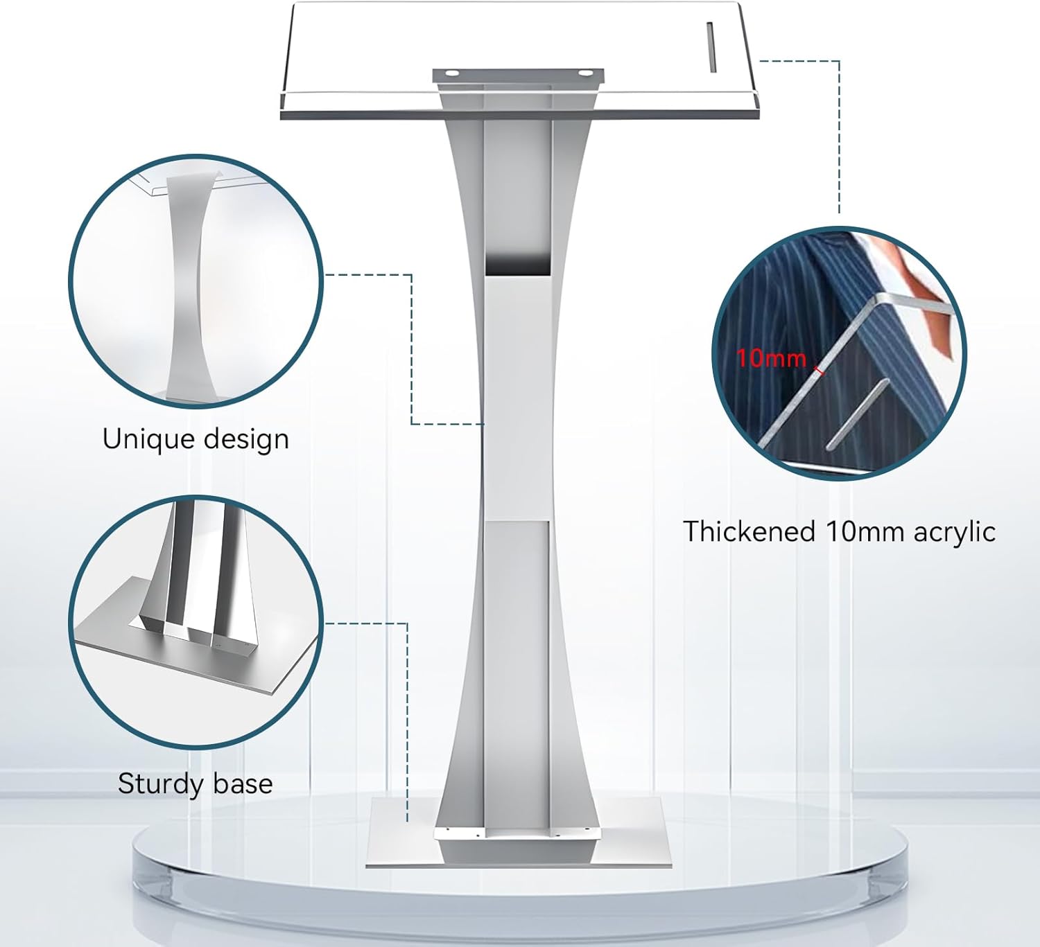 42.5" Acrylic Podium Stand, Pulpits for Churches with Iron Stable Bottom, Lectern with 10MM Thickened Acrylic Countertop, Multi Function Pulpit for Classroom Music Concert Wedding Conference