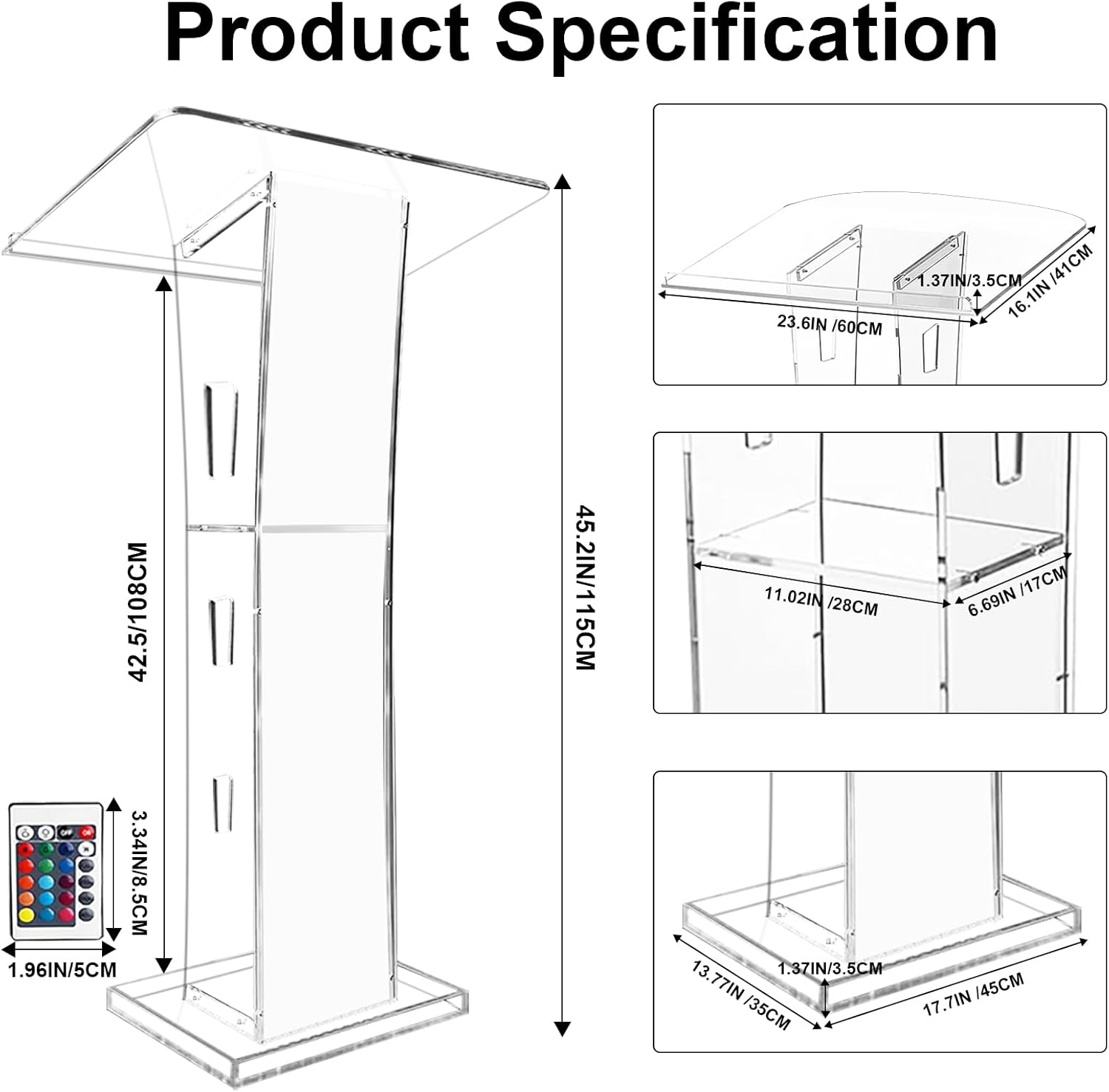 Acrylic Podium Stand, Ultra Clear 43'' Pulpits for Churches with 15 Color Adjustable, Modern Lectern with Storage Sheld for Church,Conference,Speech,Classroom, 23.62”x 15.75”X 43.3” (with Wheels)