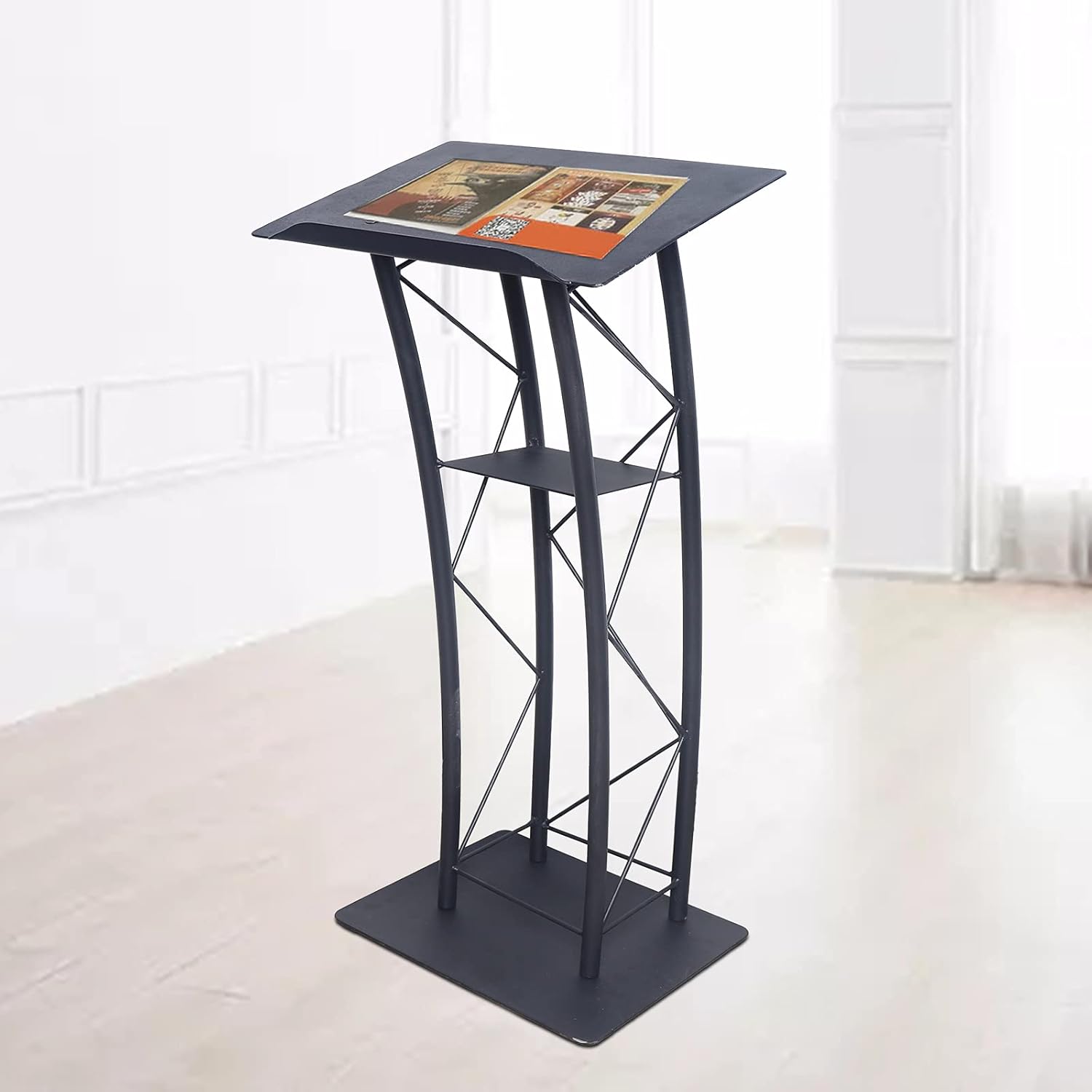 Metal Black Podium Conference Presentation Pulpit School Office Church Lectern,Curved Design Cup Holder Design, Wrought Paint Curved Podium, Schools, Churches, Meeting Rooms