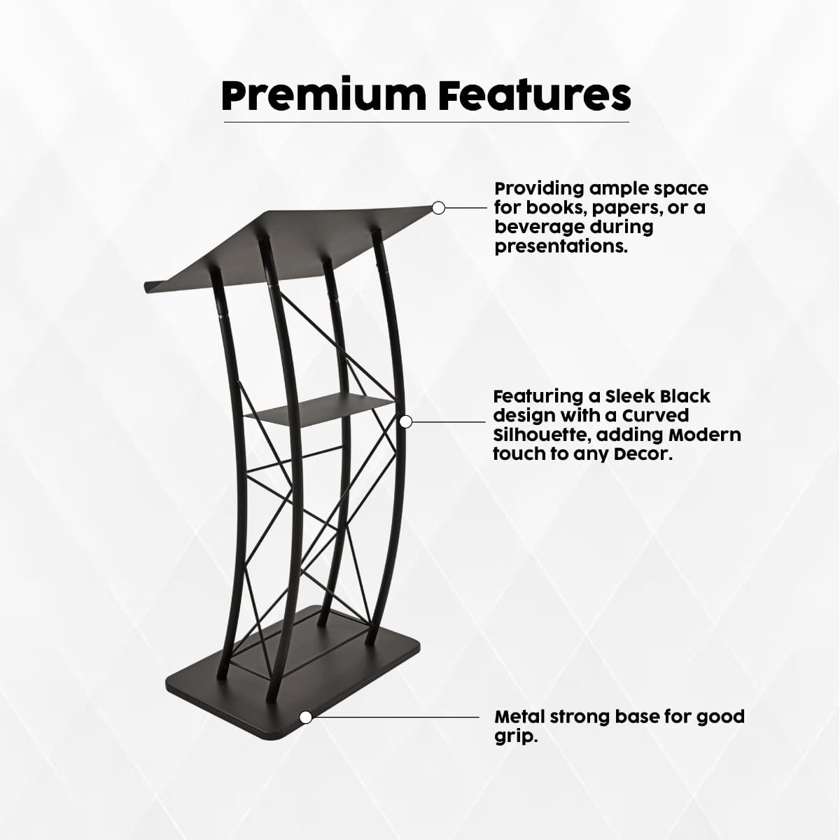 Kingdom KMLSTL Large Curved Metal Lectern with Durable Powder Coat Finish and a Built in Shelf - Black