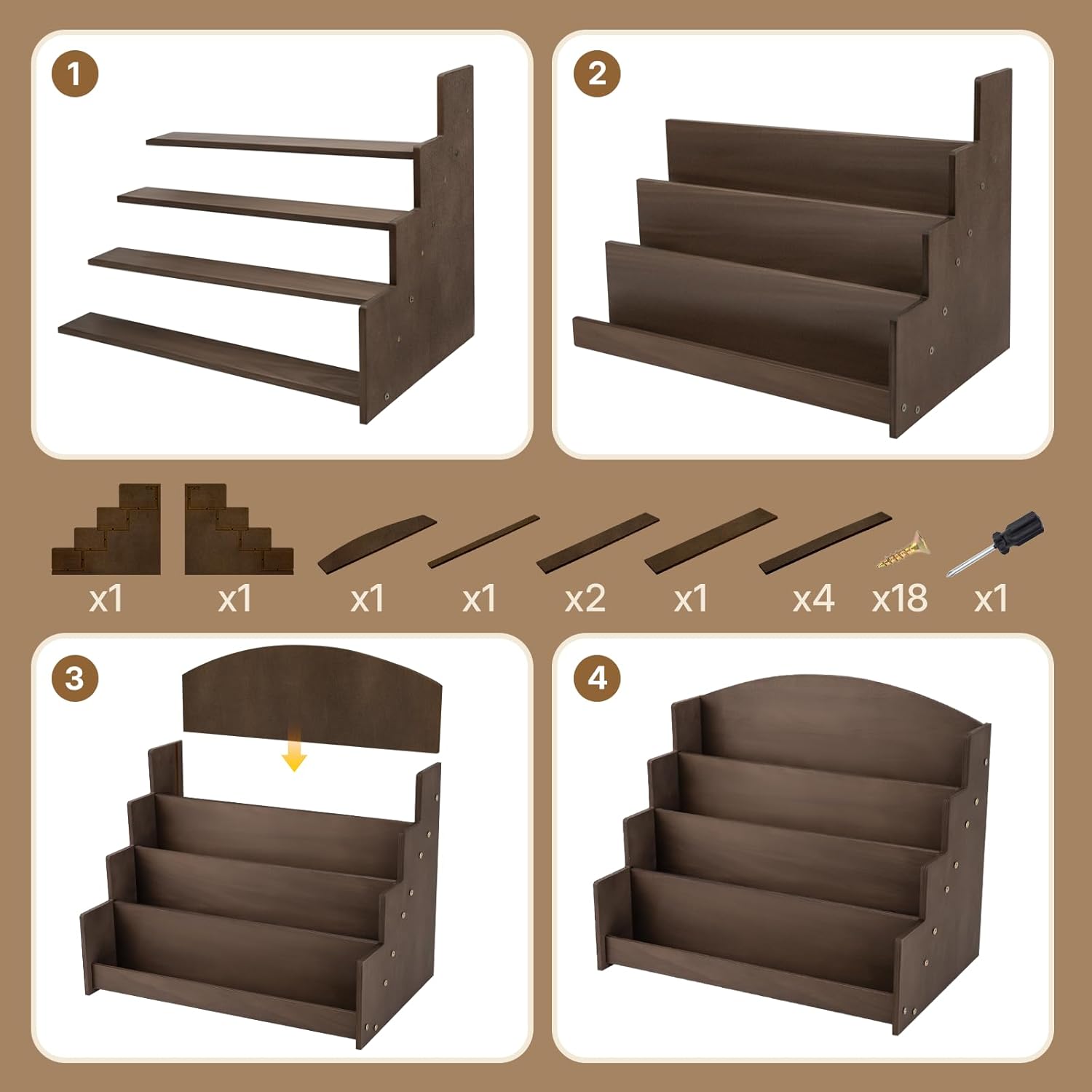 4 Tier Wooden Greeting Card Display Stand, Sticker Organizer Rack, Retail Photos Shelf for Vendors Craft Collection, Retail Stores, Postcards, Jewelry, Snacks, Brown