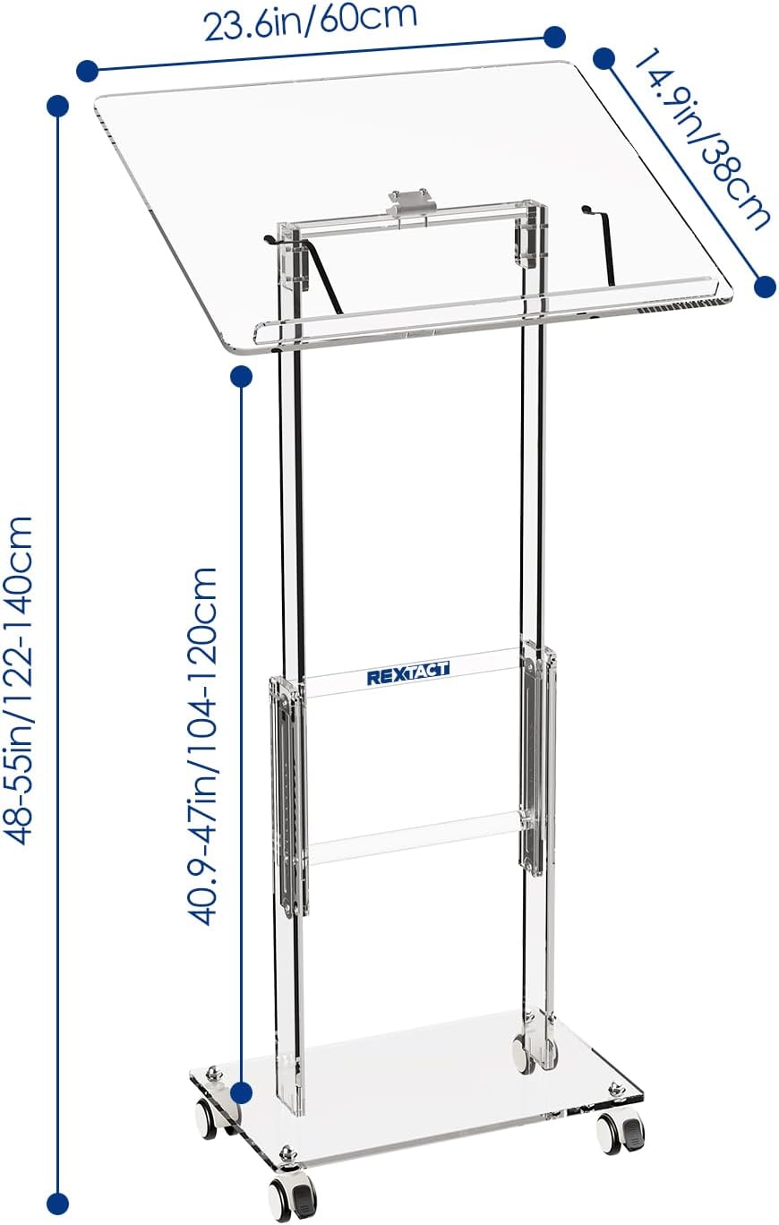 Acrylic Podium Stand,49"H Rolling Podium with Lockable Wheels,Height & Angle Adjustable Lecterns & Podiums, Portable Podium for Classroom,Teachers,Pulpits for Churches,Speech