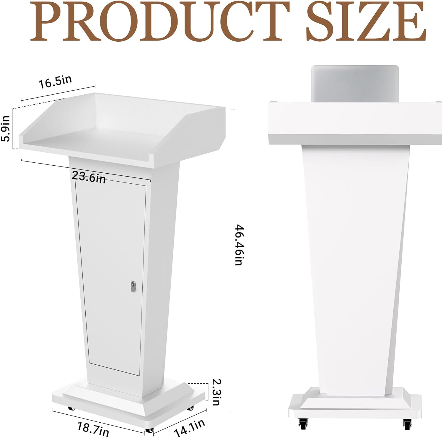 Podium Stand with 4 Locking Wheels, Heavy-Duty Metal Lectern for Church, School, Office, and Conference, Large Lockable Storage Cabinet, 43.7" H, White