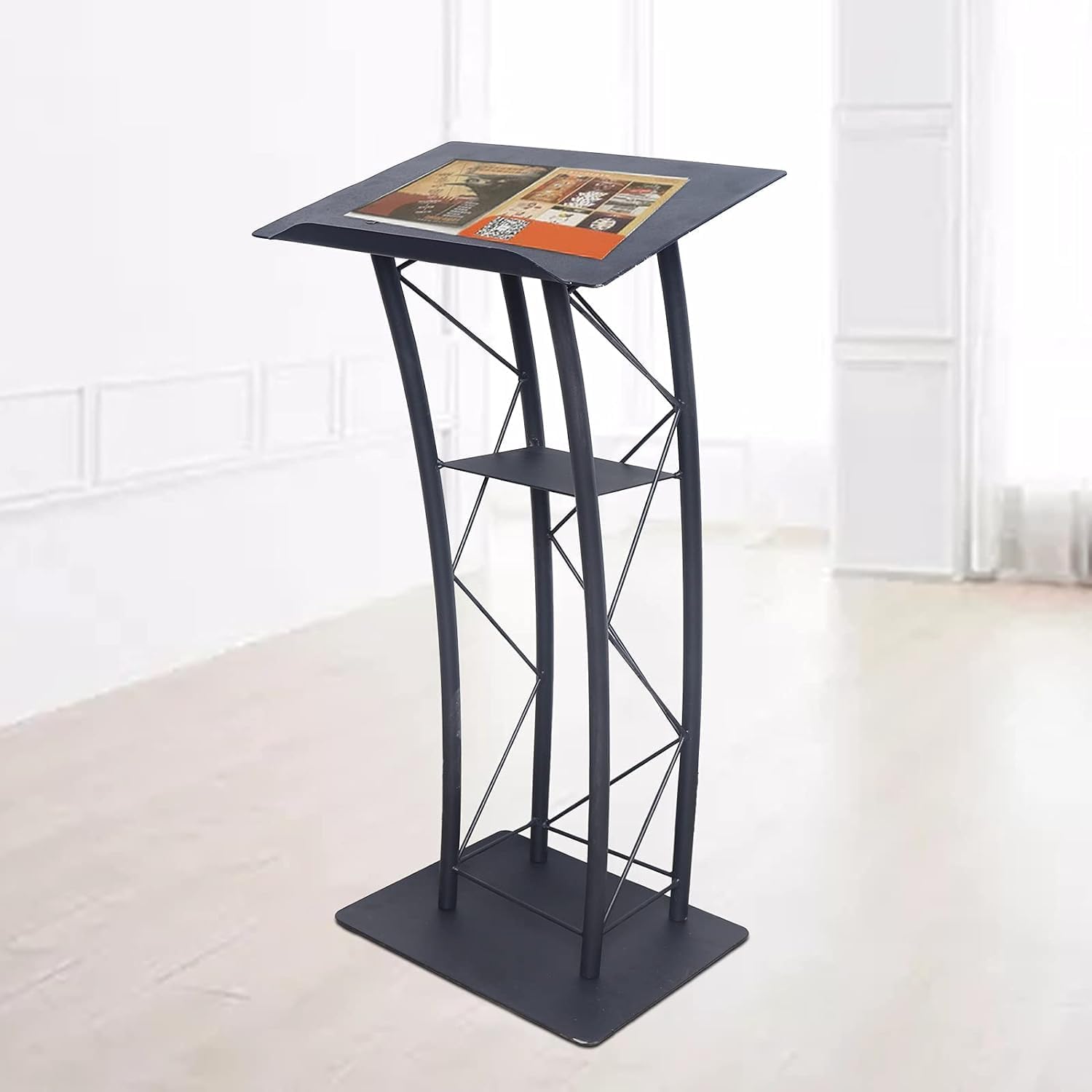 YIYIBYUS Curved Podium Stand Metal Black Pulpit Lectern for Speeches, Opening Ceremonies, Celebrations and Other Occasions 1.2m Height,Countertop Size 60x40cm,Easy Assembly Required