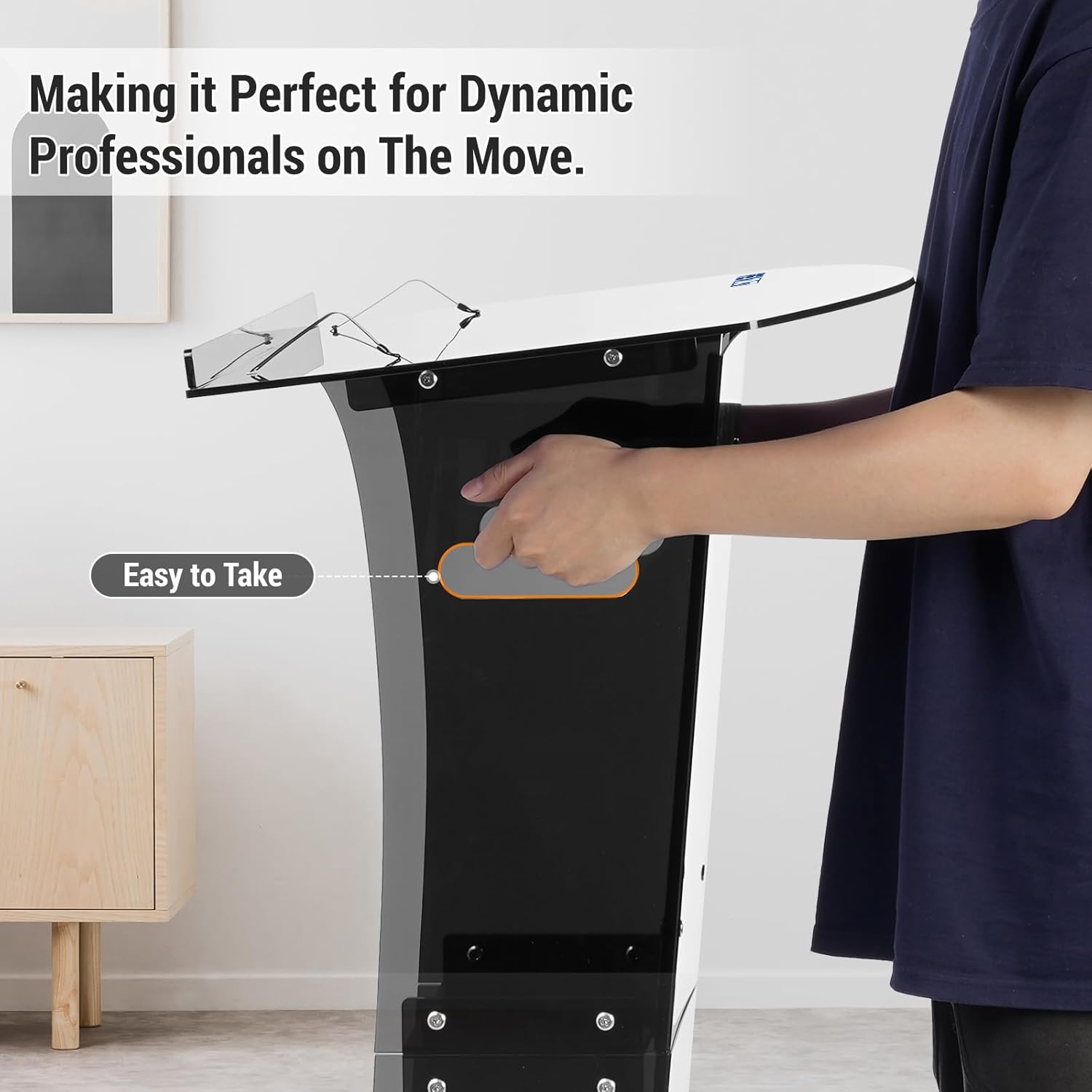 Acrylic Podium Stand，49“ Tall Portable Podium with Lockable Wheels, Black lecterns & Podium with Storage Shelf for Classroom, Pulpit Podium for Church,Wedding,Presentation