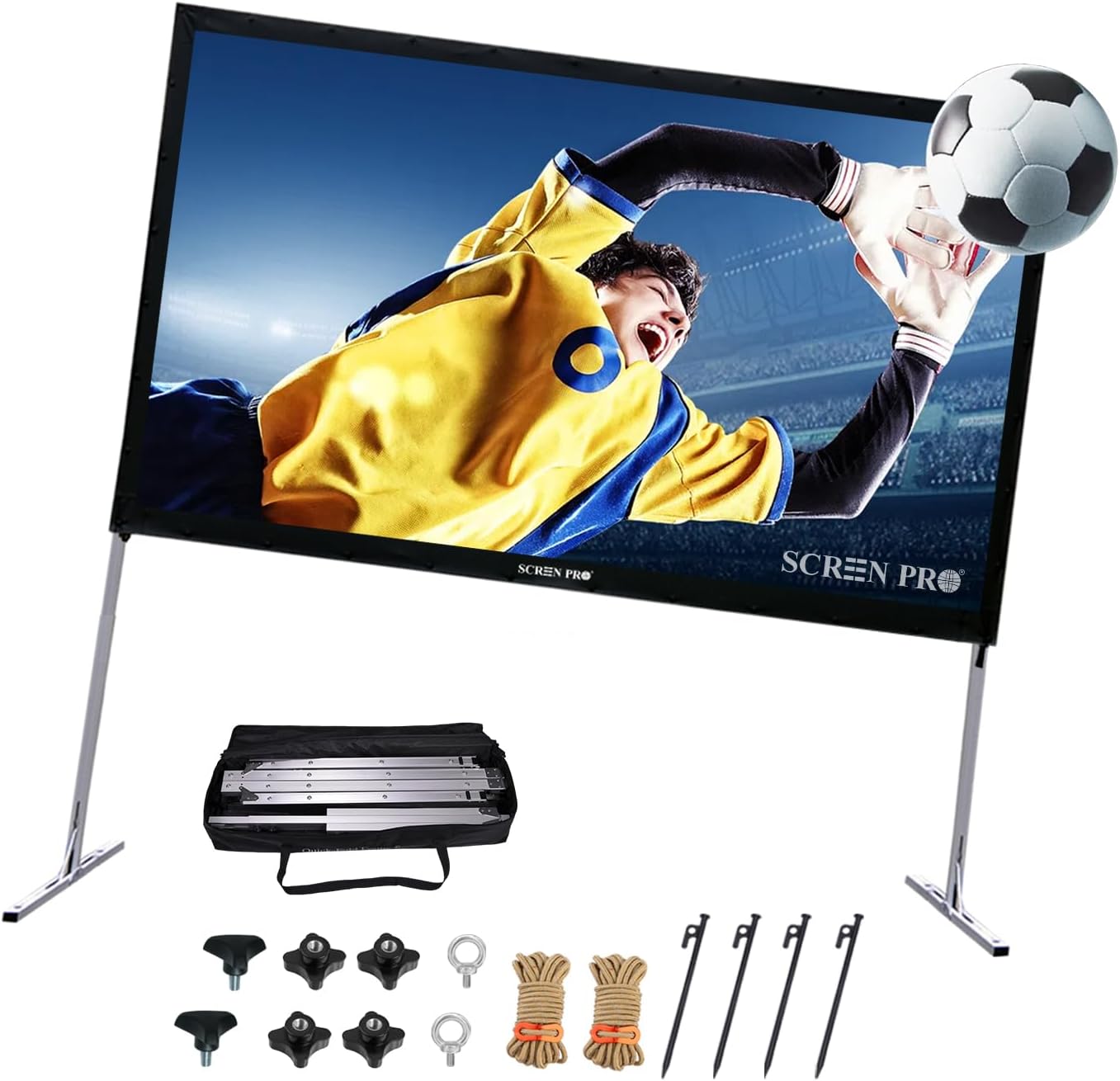 Projector Screen with Stand 144inch, SCREENPRO Portable Fast-Folding Movie Screen with (Max 20.7") Adjustable Leg and Carry Bag, 16:9 HD 4K Indoor/Outdoor Projector Screen for Home Theater