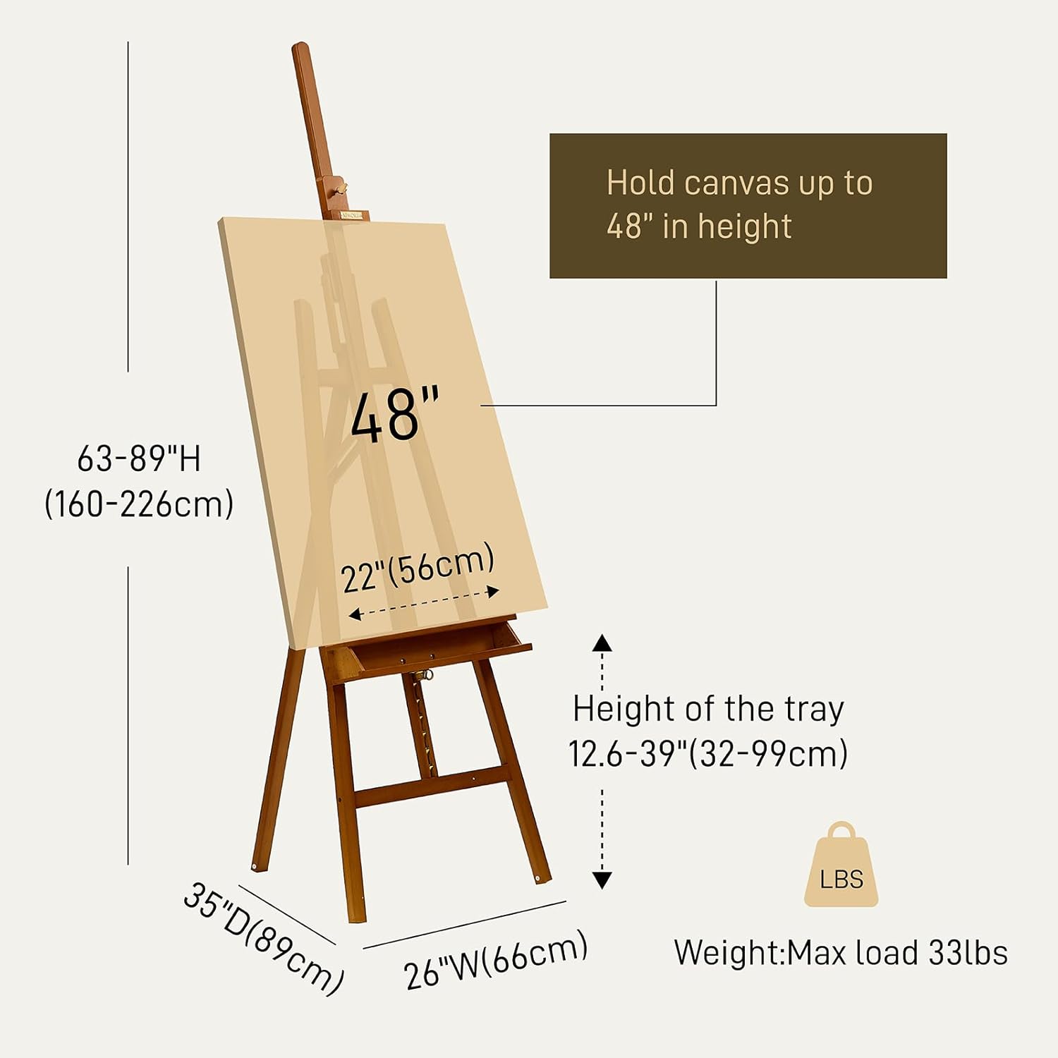 ATWORTH Studio Art Easel, Solid Beech Wood Artist Easel,Hold Canvas up to 48”, Adjustable A-Frame Lyre Style Painting Easel Stand with Storage Tray, Light Teak