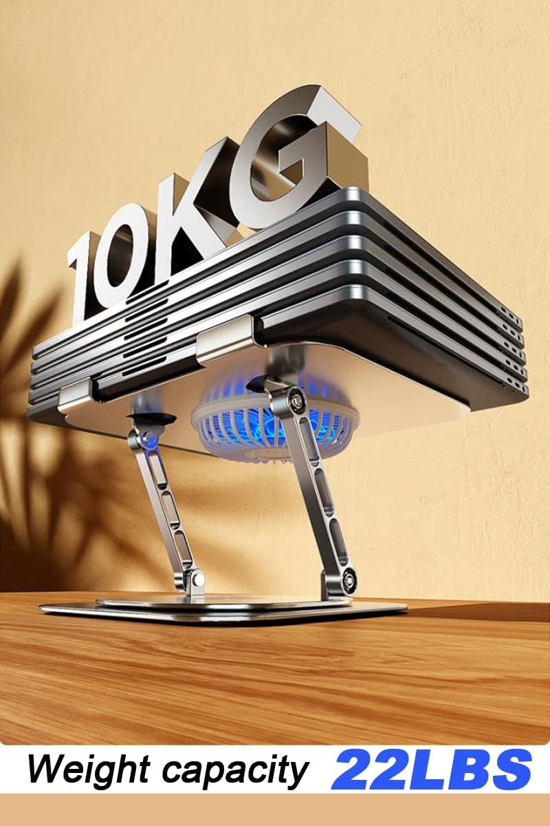 Laptop Stand Fan with 360 Rotating Swival Base, Adjustable Height for Directly Typing Keyboard and Rise up to 10", Ergonomic Aluminum Riser Holder Stand for Tablet 10 14 15 17 Inches/MacBook
