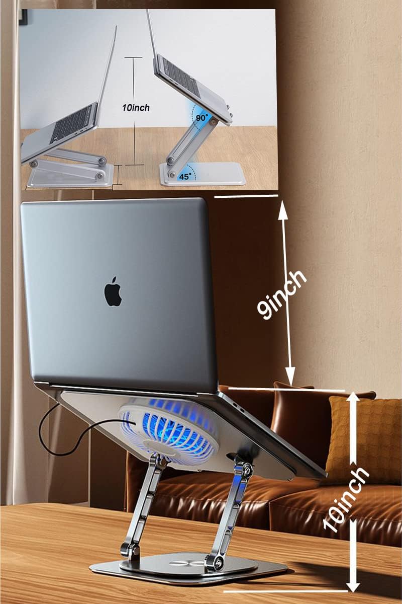 Laptop Stand Fan with 360 Rotating Swival Base, Adjustable Height for Directly Typing Keyboard and Rise up to 10", Ergonomic Aluminum Riser Holder Stand for Tablet 10 14 15 17 Inches/MacBook