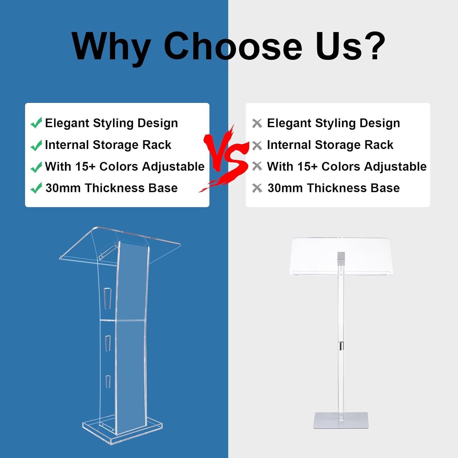 Acrylic Podium Stand, Ultra Clear 43'' Pulpits for Churches with 15 Color Adjustable, Modern Lectern with Storage Sheld for Church,Conference,Speech,Classroom, 23.62”x 15.75”X 43.3” (Without Wheels)