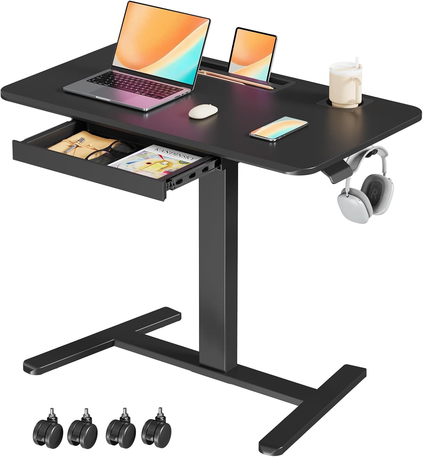 Mobile Standing Desk with Drawer, 35" Small Standing Desk with Cup Holder, Rolling Laptop Cart on Wheels, Height Adjustable Table with Storage for Home Office, Black