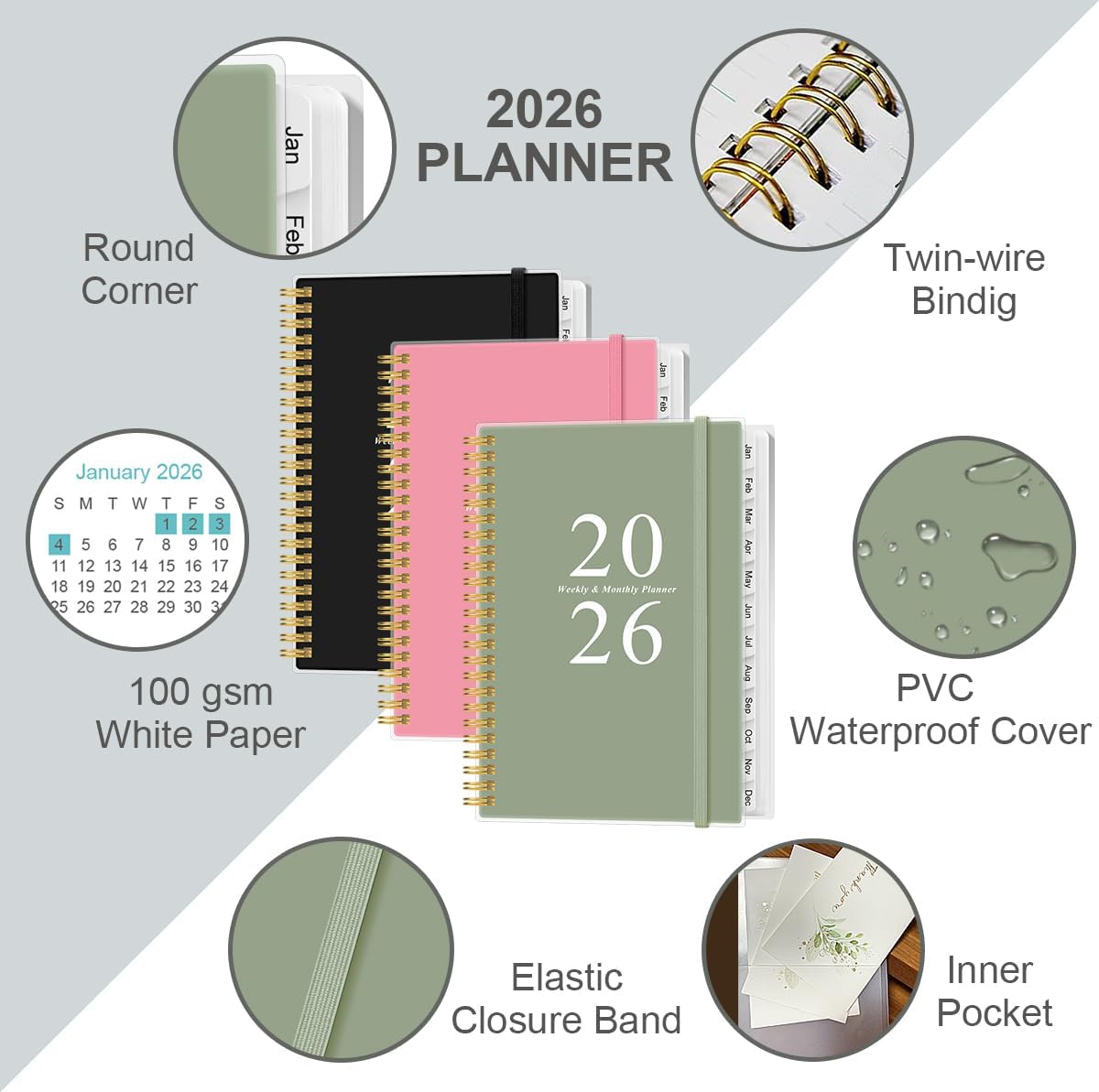(3-Pack) 2026 Planner - A5 Weekly & Monthly Planners Spiral Bound, January 2026 - December 2026, 2026 Planner with Flexible Cover, Tabs, Inner Pocket, 6.4" x 8.5", Pink