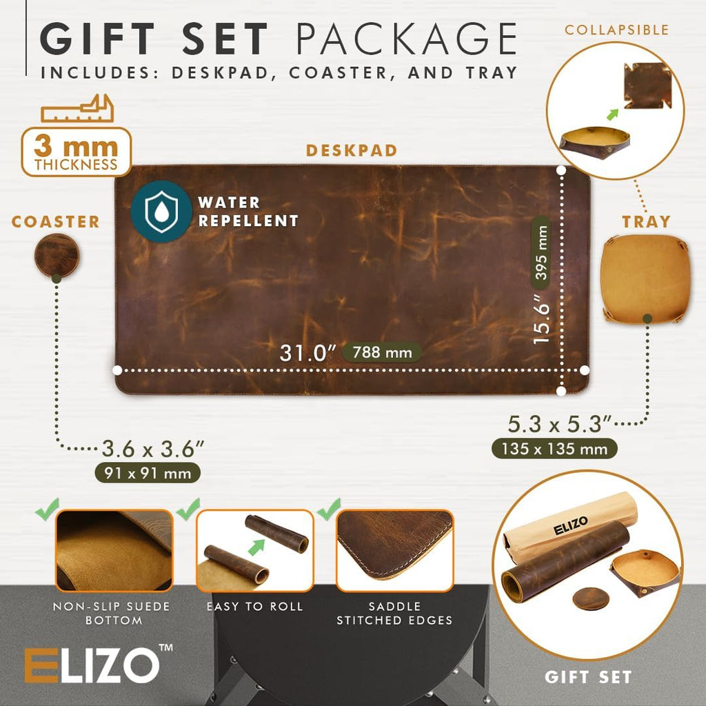 ELIZO Leather Desk Pad Real Leather Desk Mat Thick (3mm) Double Layer (31x15.6) Cover Blotter Desk Protector Large Computer Mat for Keyboard Mouse Pad Table Laptop Mat Office Desktop Accessories