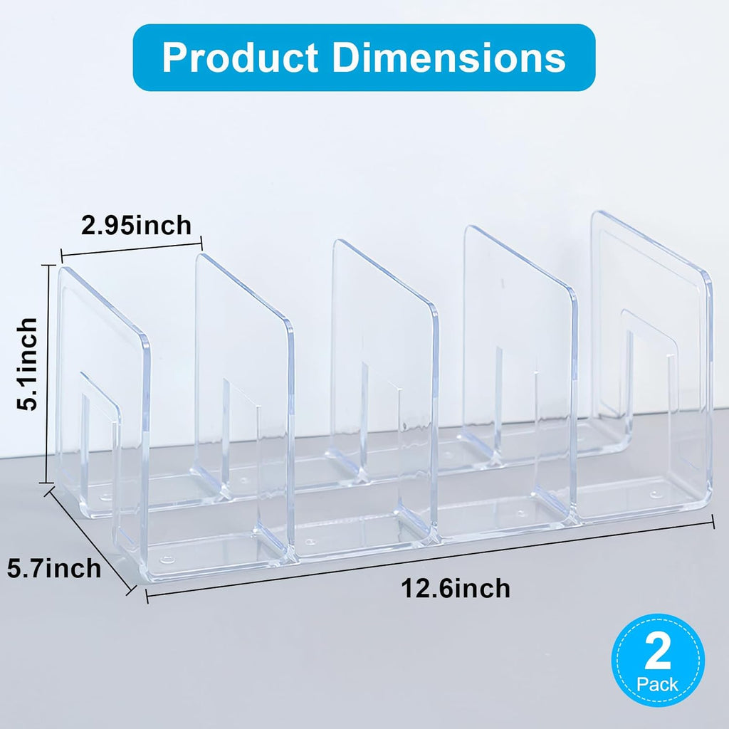 Marte Vanci Clear Acrylic File Sorter, Sturdy Desk File Organizer Shelf Book Holder Purse Handbag Clutch Divider File Folder Rack for Letter Cookbooks Home Office Kitchen Supplies 4 Sections (2 Pcs)