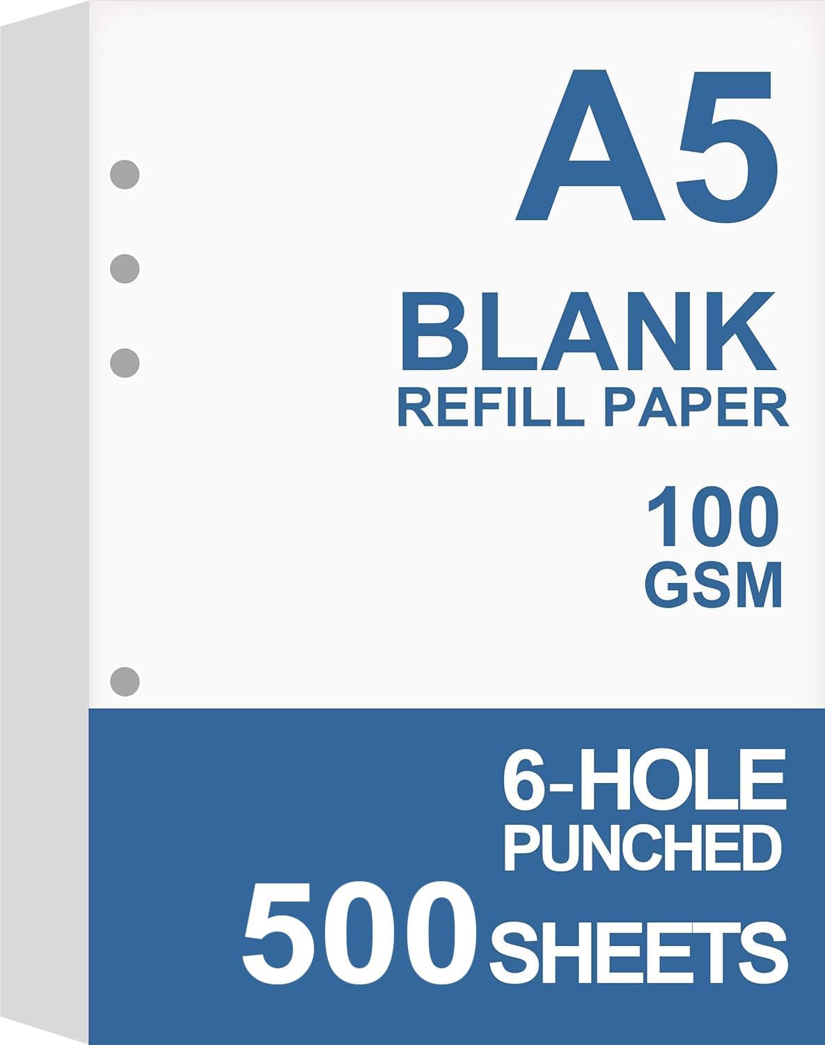 (5-Pack) A5 Blank Paper, Refills for Filofax Planner, Organizer, Binders, 6 Hole Punched, Total 500 Sheets/1000 Pages, 100gsm, White, 5.8 x 8.2 Inch, 6 Hole Filler Paper