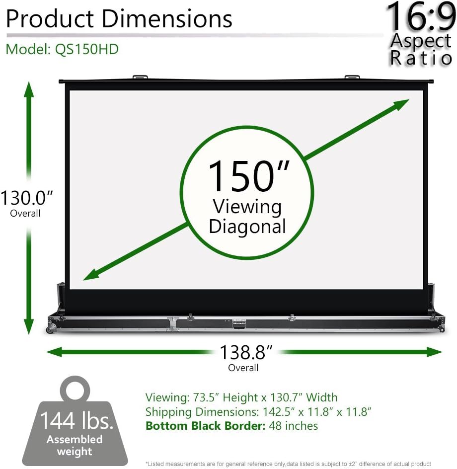 Elite Screens QuickStand 5-Second Series, 150-INCH 16:9, Manual Pull Up Projector Screen, Movie Home Theater 8K / 4K Ultra HD 3D Ready, 2-YEAR WARRANTY, QS150HD