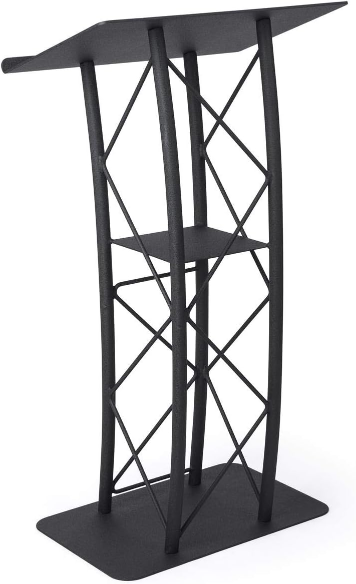 Displays2go Black Aluminum and Steel Truss Lectern with Curved Design and Built-in Shelf, 47-Inch Tall, Textured Finish (LCTTACBK)