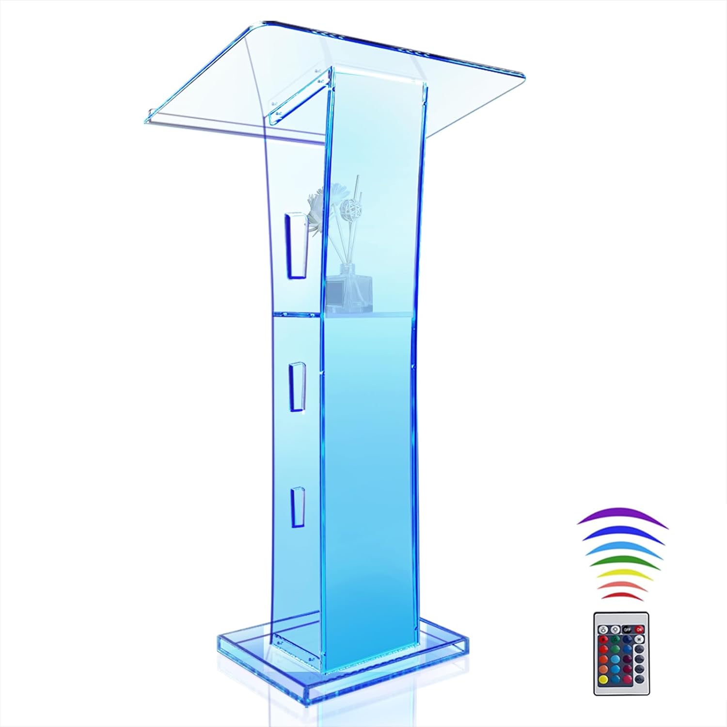 Acrylic Podium Stand, Ultra Clear 43'' Pulpits for Churches with 15 Color Adjustable, Modern Lectern with Storage Sheld for Church,Conference,Speech,Classroom, 23.62”x 15.75”X 43.3” (Without Wheels)