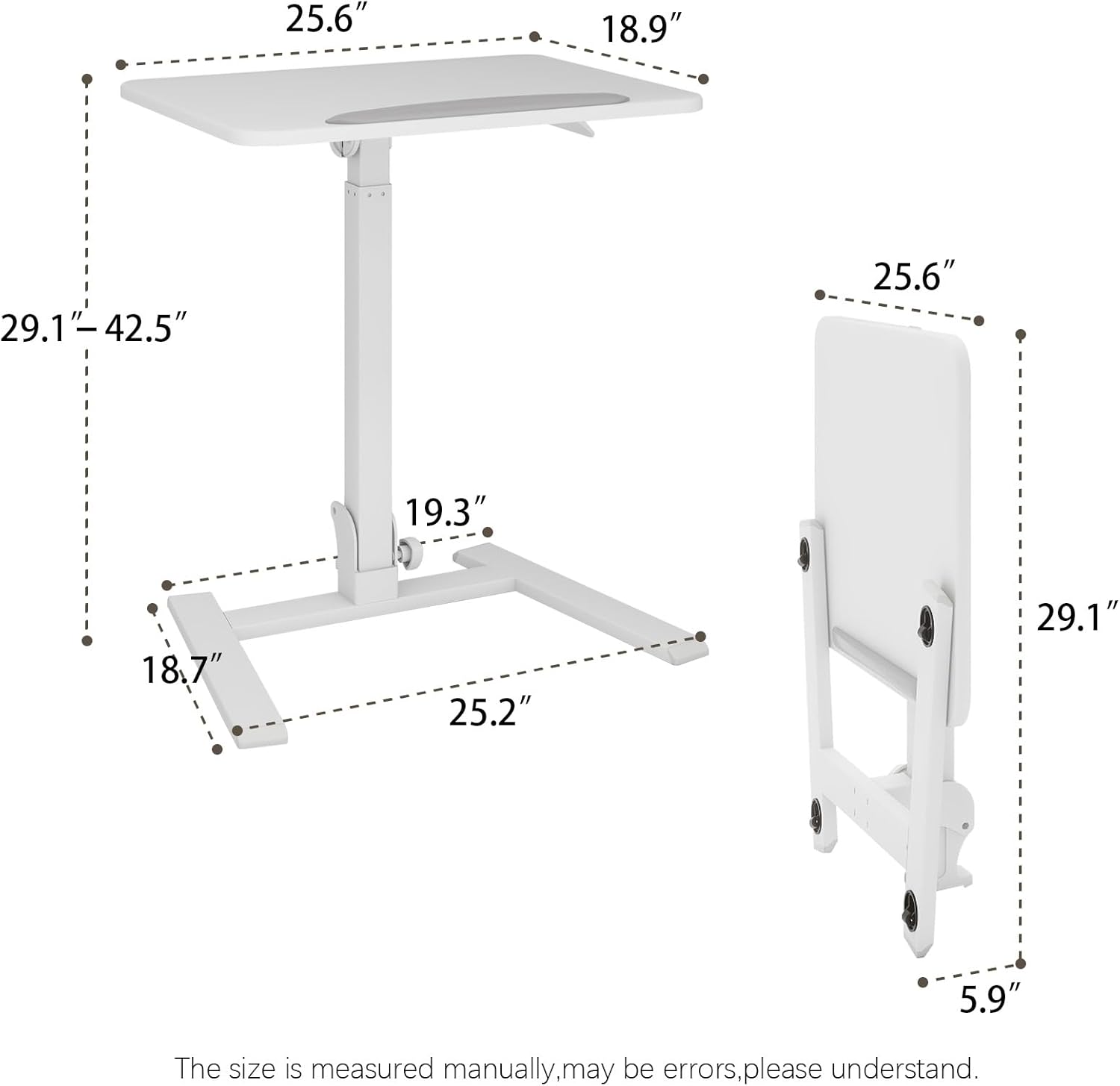 PUNCIA Adjustable Height Small Standing Desk Foldable Laptop Table with Stoppers - 90° Tiltable Rolling Computer Cart Portable Workstation Mobile Desk for Home Office Small Space Bedroom Dorm Study